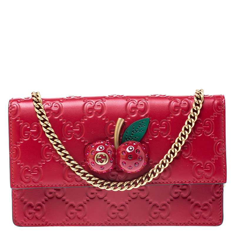 GUCCI Leather GG Crystal Cherry Wallet on Chain Mini Shoulder Bag