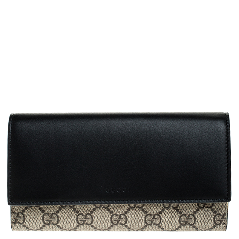 Gucci Beige/Black GG Supreme Canvas and Leather Flap Wallet