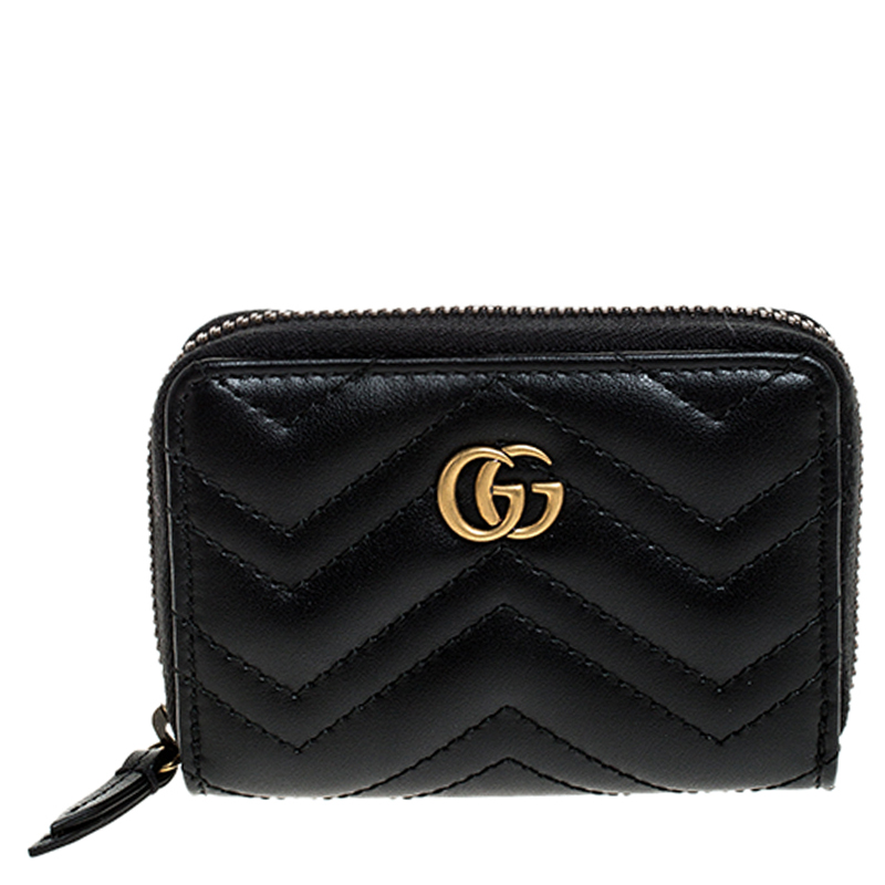 Pre Owned Gucci Black Matelasse Leather GG Marmont Card Case