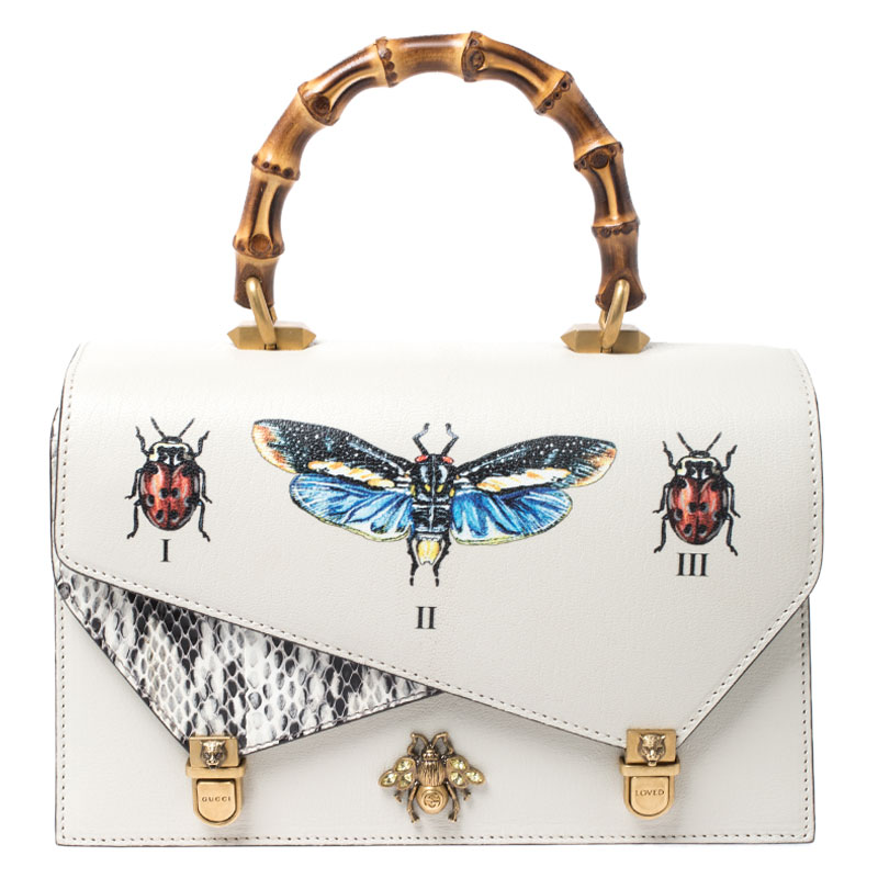 Pre-owned Gucci Cream Python And Leather Ottilia Bee Printed Bamboo Top Handle Bag In White