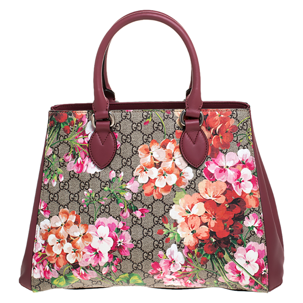 Gucci Pink/Beige GG Supreme Blooms Canvas and Leather Top Handle Bag
