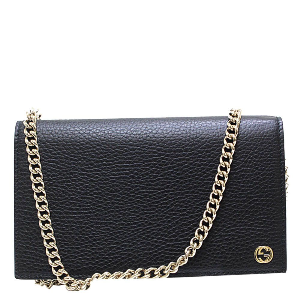 black leather clutch bag with chain