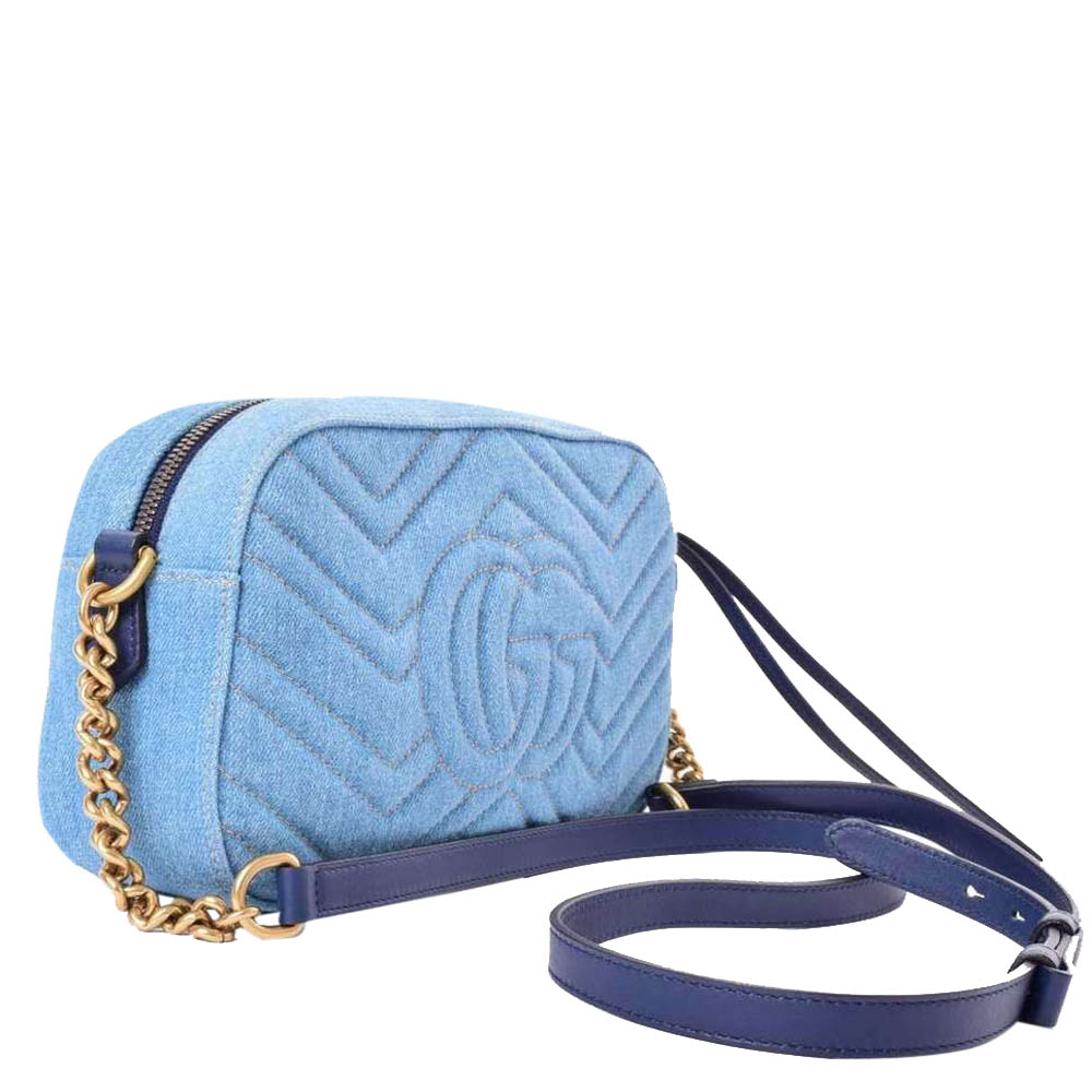 

Gucci Blue GG Marmont Denim Matelasse Studded Small Chain Bag