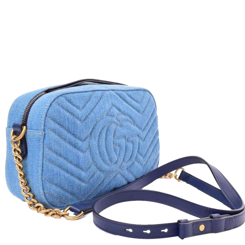 

Gucci Blue GG Marmont Denim Matelasse Studded Small Chain Bag