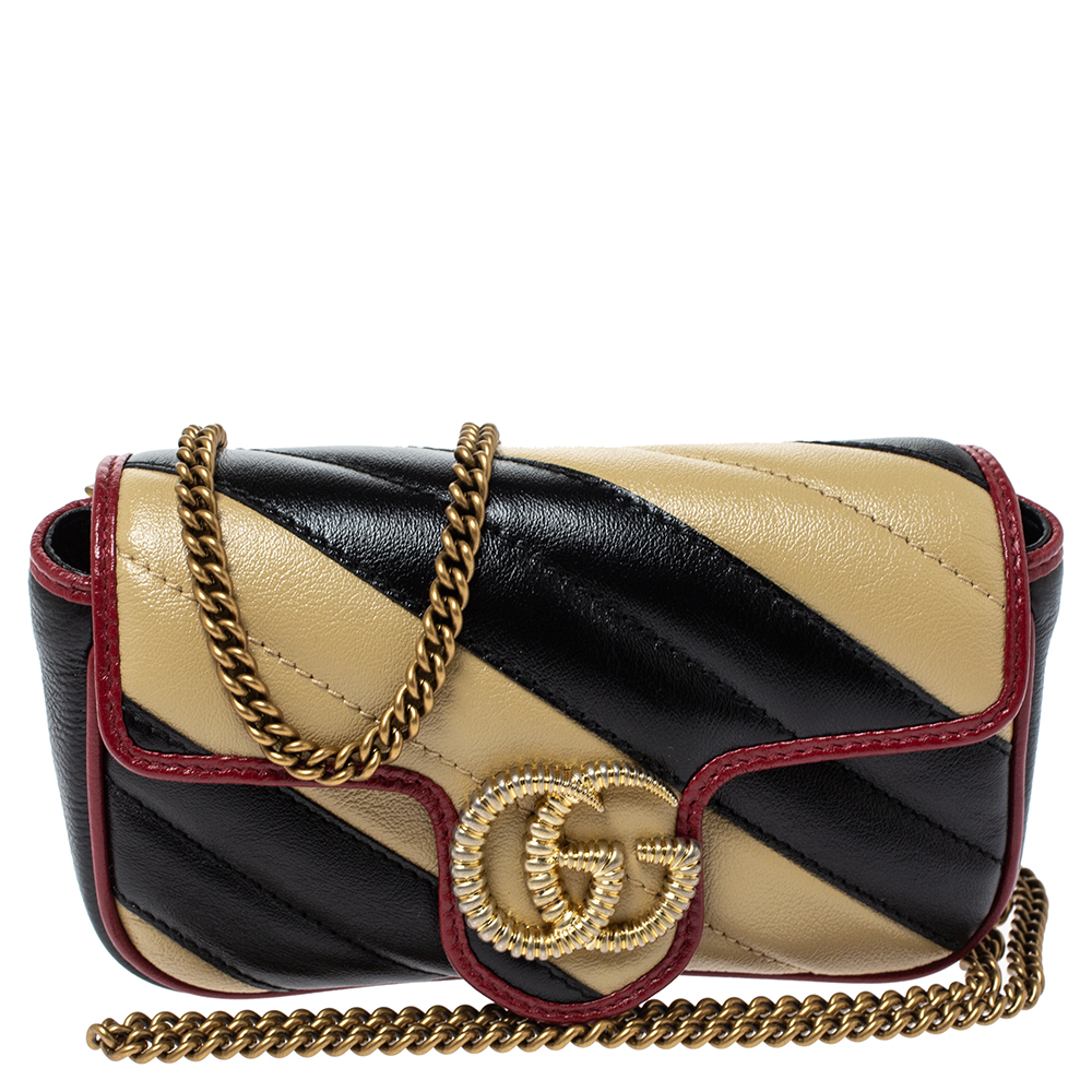 Gucci Black/Beige Diagonal Quilt Leather Mini GG Marmont Torchon Shoulder Bag