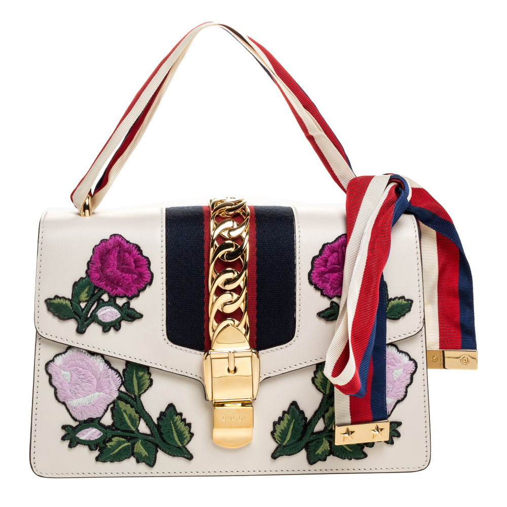 Pre-owned Gucci Ivory Floral Embroidered Leather Small Web Chain Sylvie ...