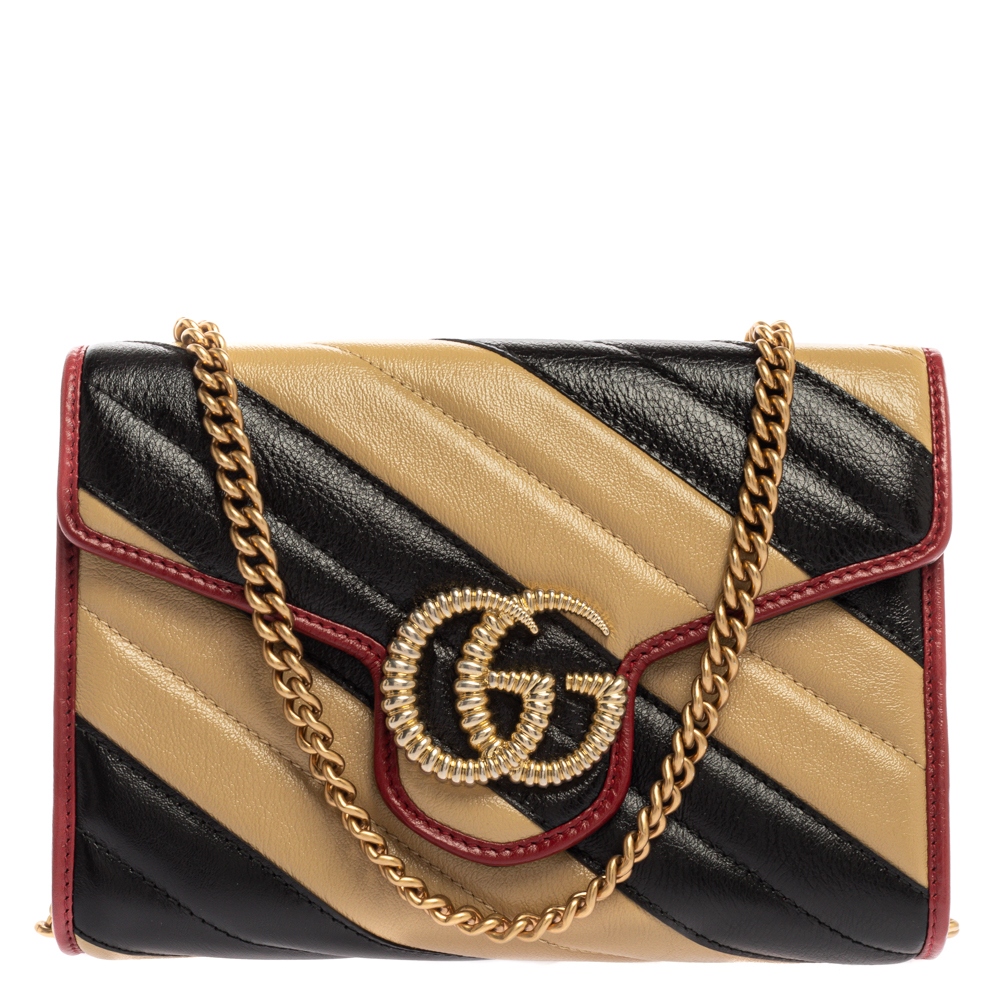 Pre Owned Gucci Black/Beige Diagonal Quilt Leather GG Marmont Torchon Wallet on Chain