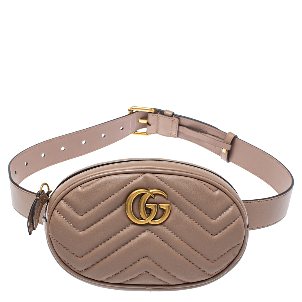 Pre-owned Gucci Beige Matelasse Leather Gg Marmont Belt Bag