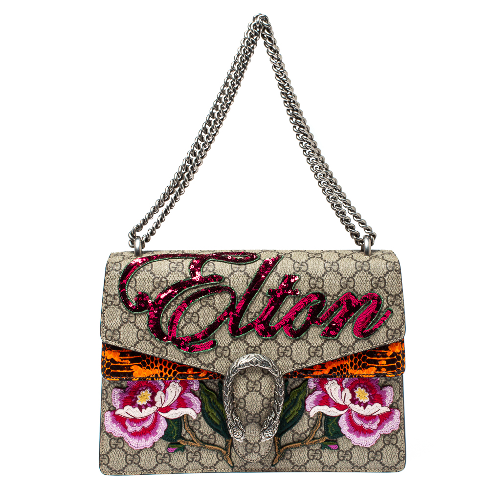 Pre-owned Gucci Beige Gg Supreme Canvas And Snakeskin Medium Elton Embroidered Dionysus Shoulder Bag