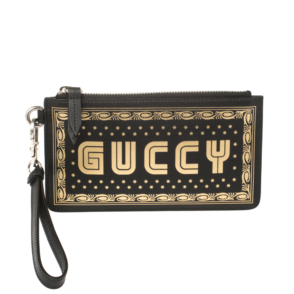 Pre-owned Gucci Black Leather Guccy Print Clutch