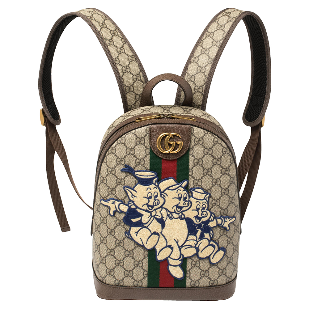 Pre-owned Gucci Brown Coated Canvas And Leather "three Little Pigs" Ophidia Backpack