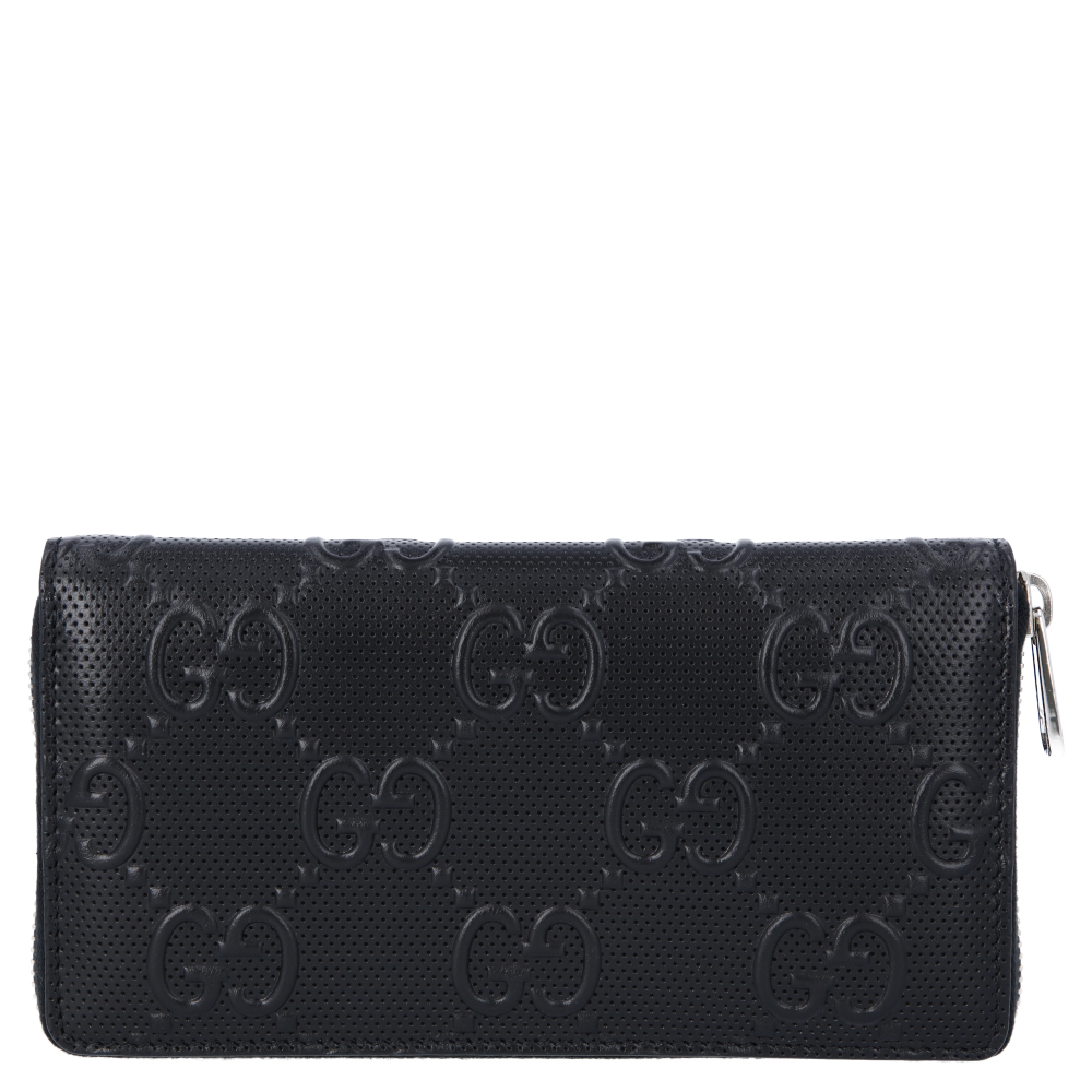 Pre-owned Gucci Black Perforated Leather Gg Zip Around Wallet