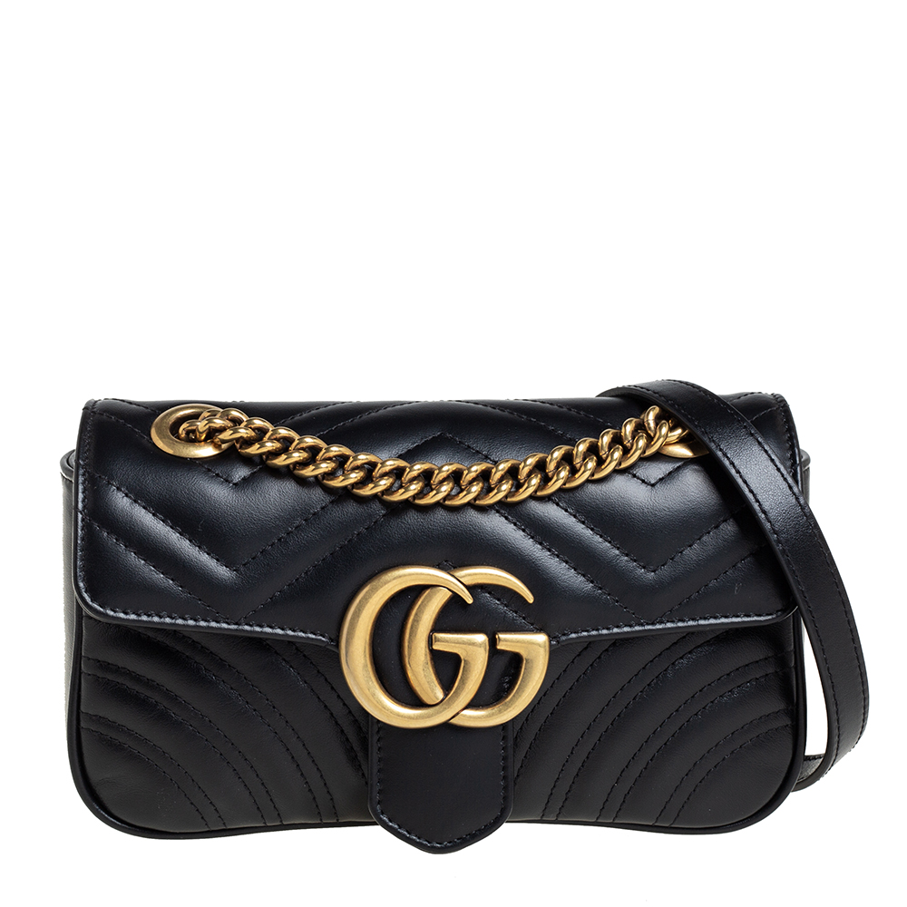 Gucci Black Leather GG Marmont Flap Crossbody Bag