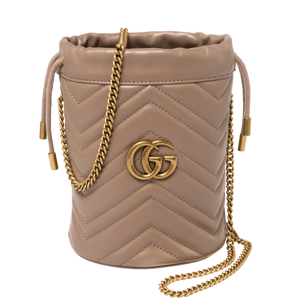 Pre-owned Gucci Beige Matelasse Leather Mini Gg Marmont Torchon Bucket Bag