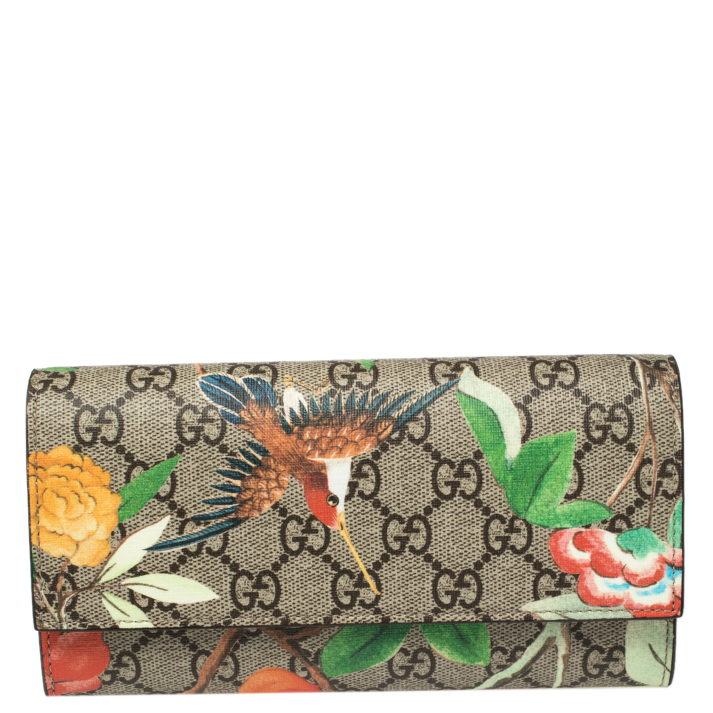 Pre-owned Gucci Beige Bird Print Supreme Canvas Continental Wallet
