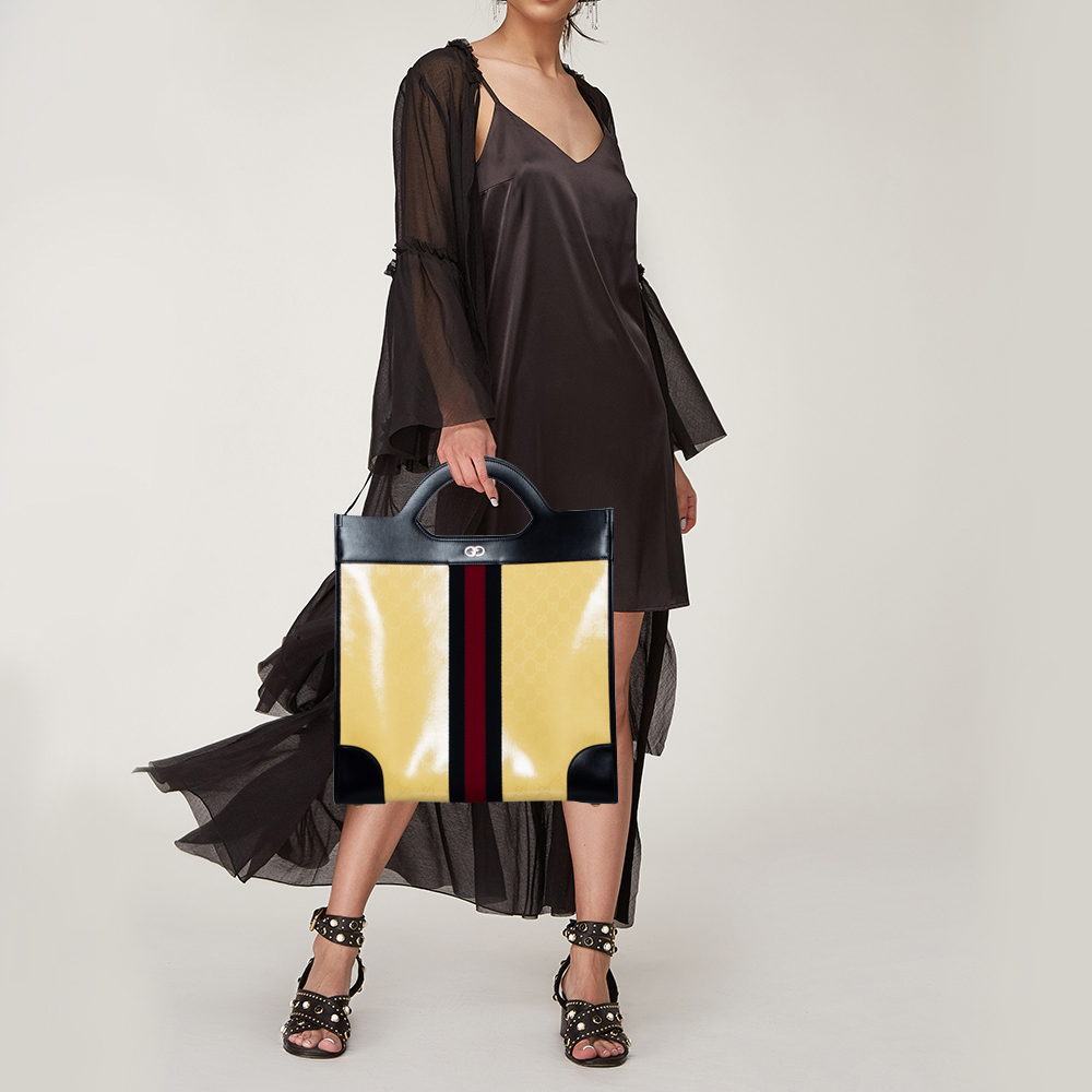 

Gucci Yellow/Navy Blue Leather GG Crystal Canvas and Leather Medium Ophidia Tote