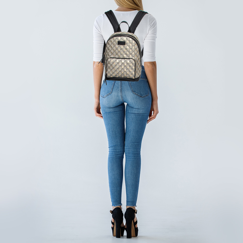 

Gucci Beige/Black GG Supreme Canvas And Leather Small Bees Backpack
