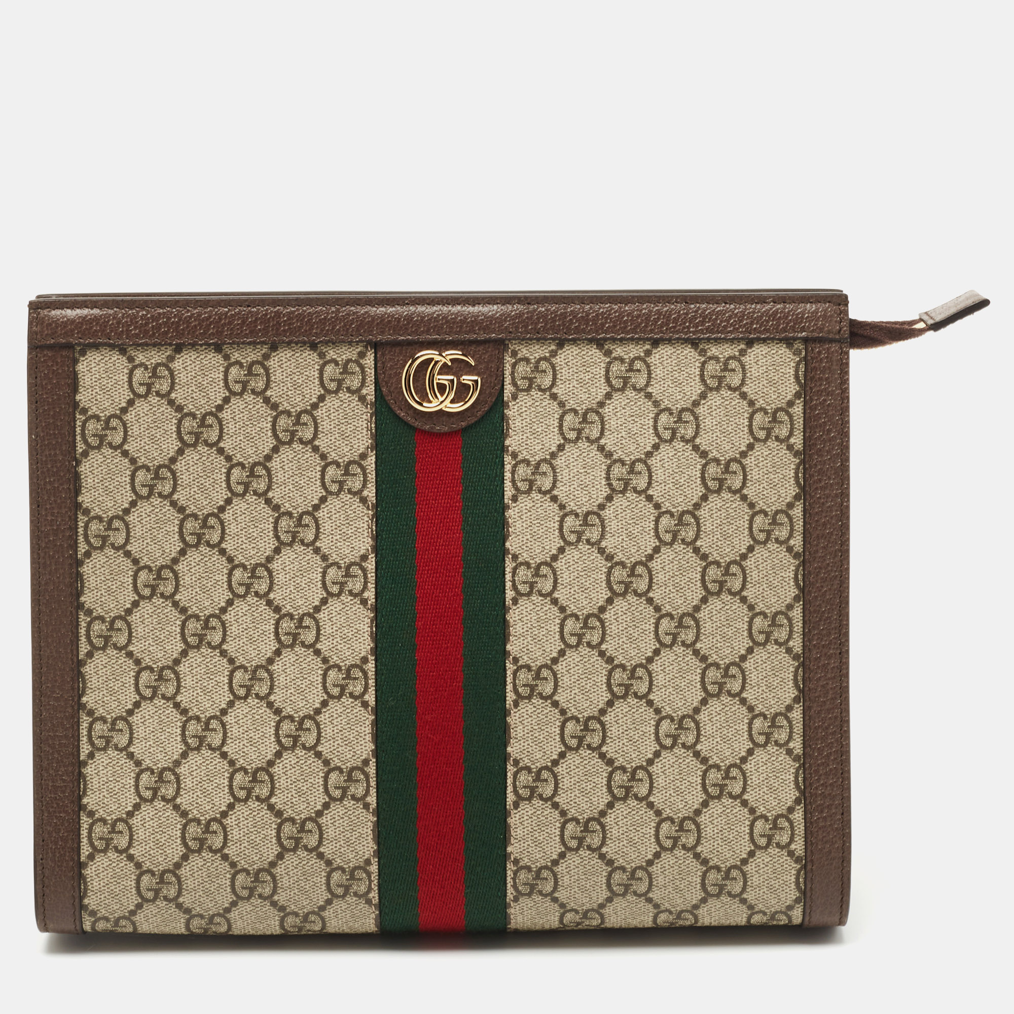 Pre Owned Gucci Beige/Brown GG Supreme Canvas and Leather Ophidia Pouch