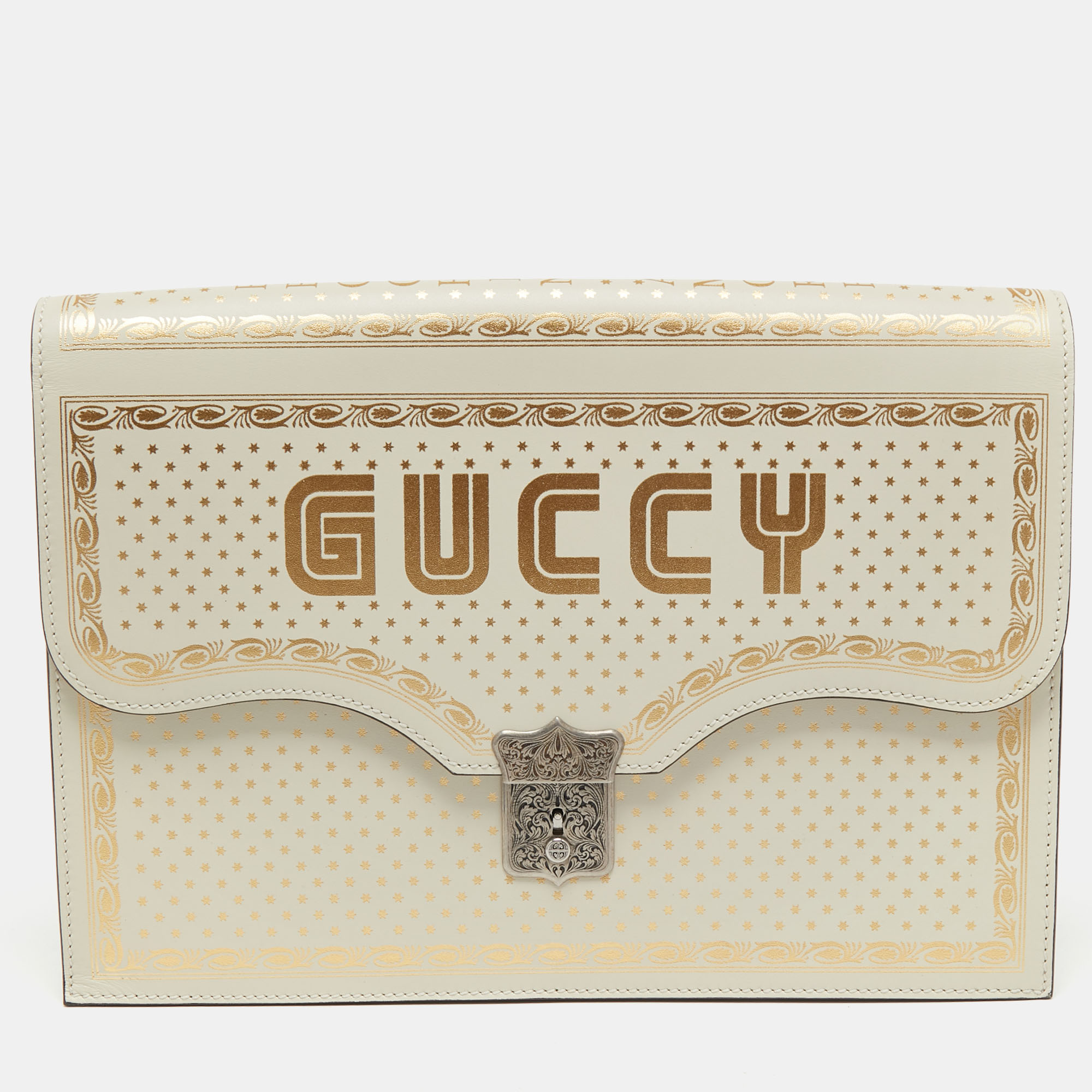 Pre-owned Gucci Off White Leather Guccy Portfolio Clutch