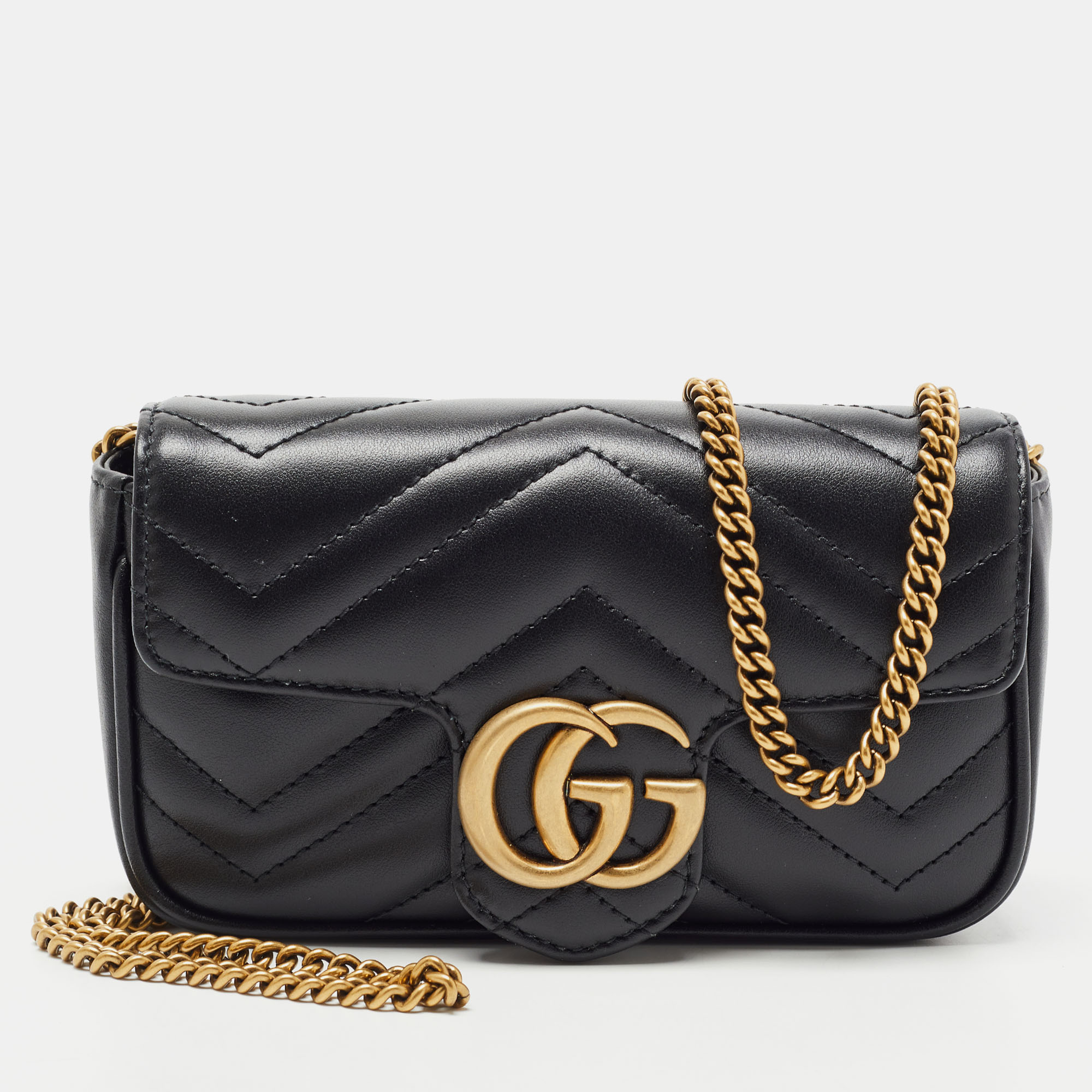 Pre Owned Gucci Black Matelassé Leather Super Mini GG Marmont Shoulder Bag