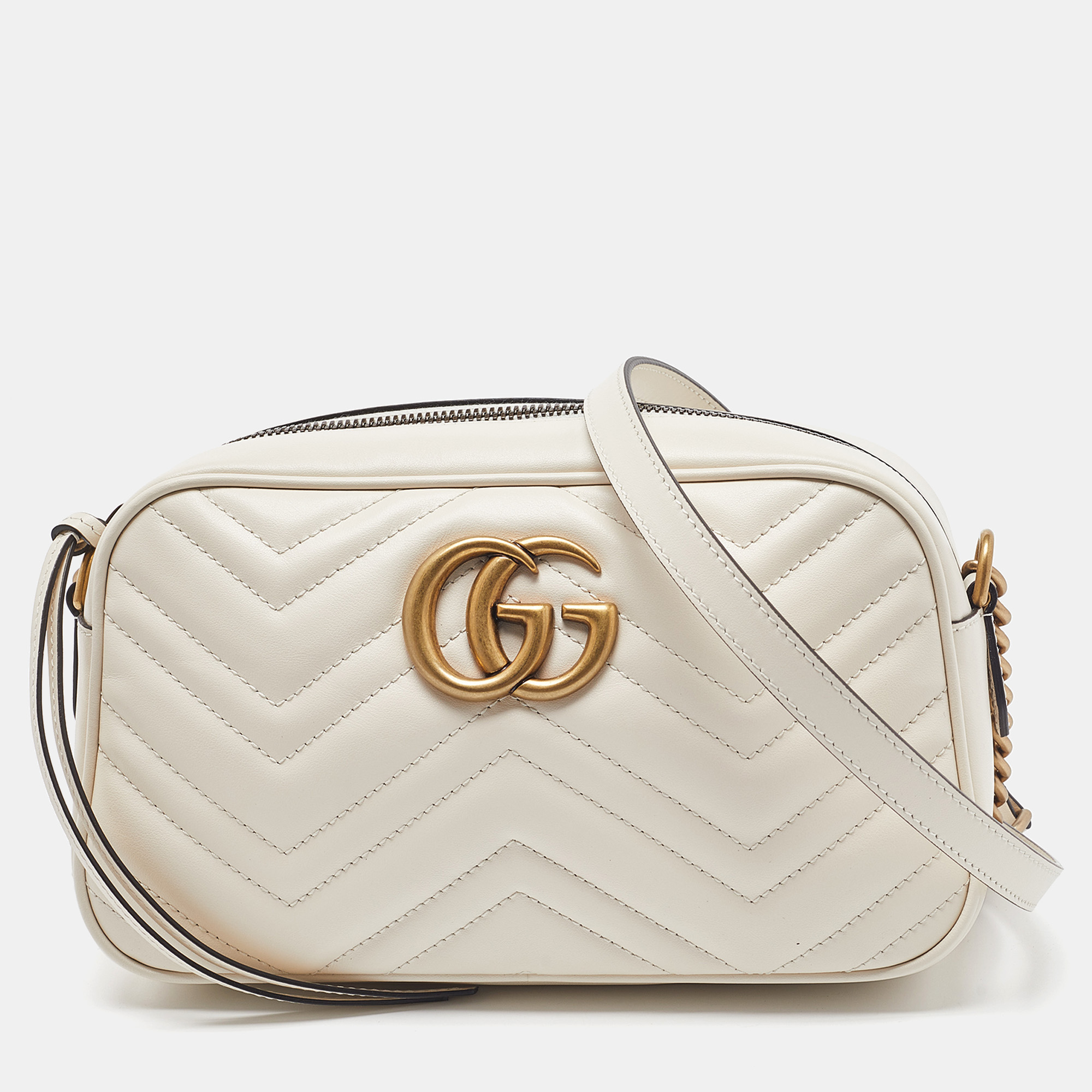 Gucci Off White Matelassé Leather Small GG Marmont Shoulder Bag