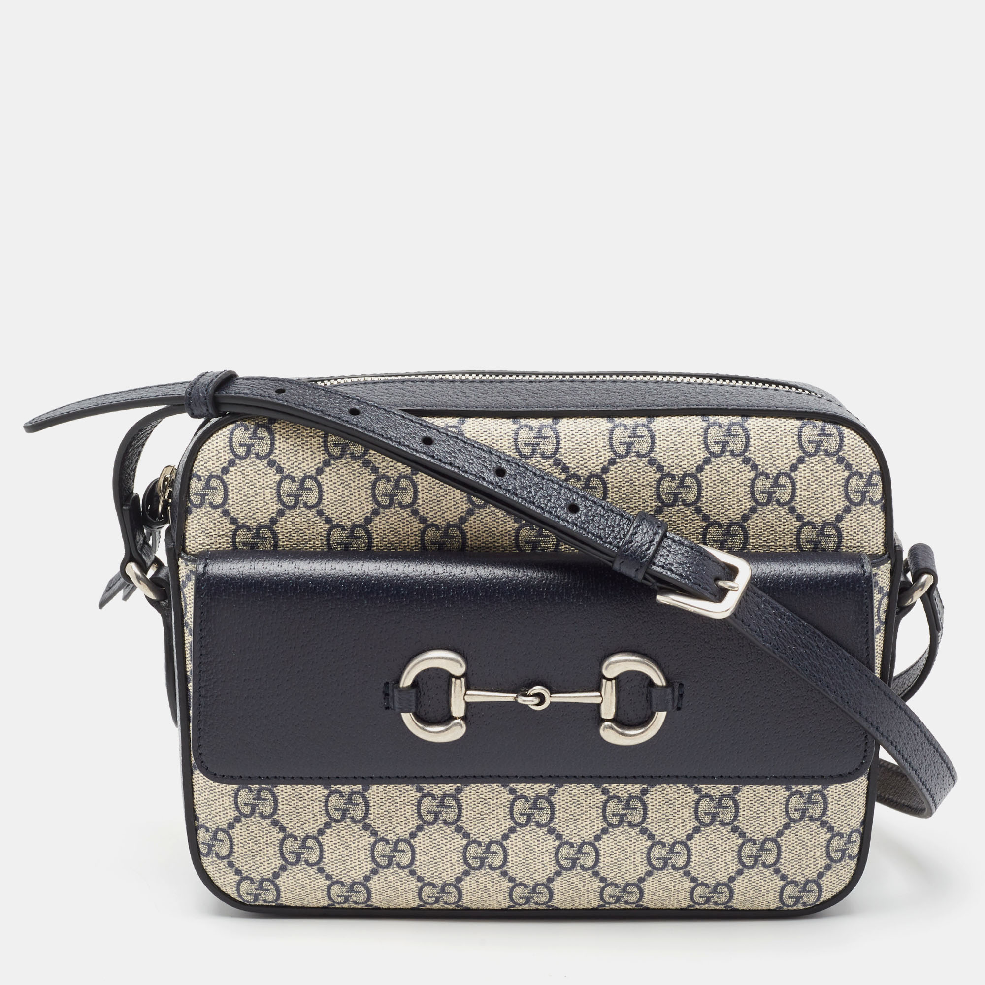 Pre Owned Gucci Navy Blue/Beige GG Supreme and Leather Horsebit 1955 Shoulder Bag