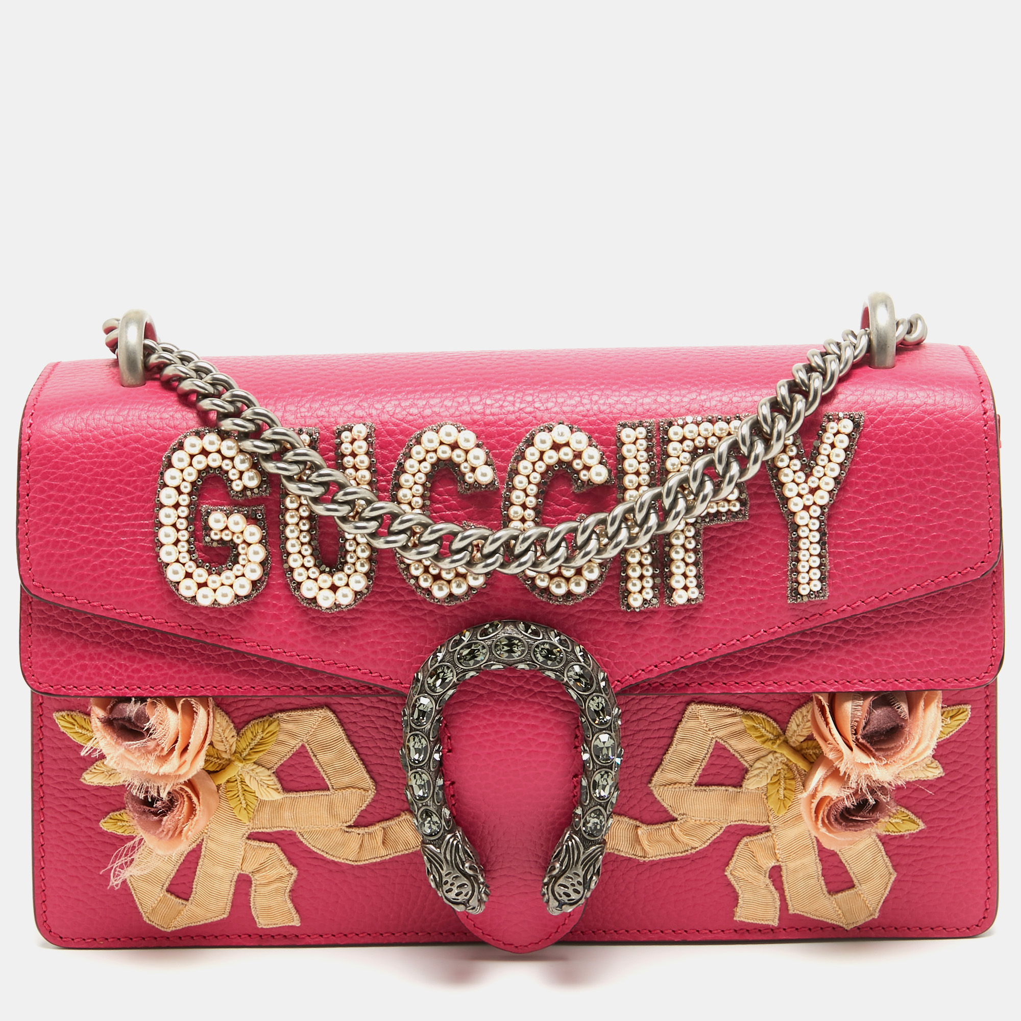 

Gucci Magenta Leather  Guccify Pearl Embellished Dionysus Shoulder Bag, Pink