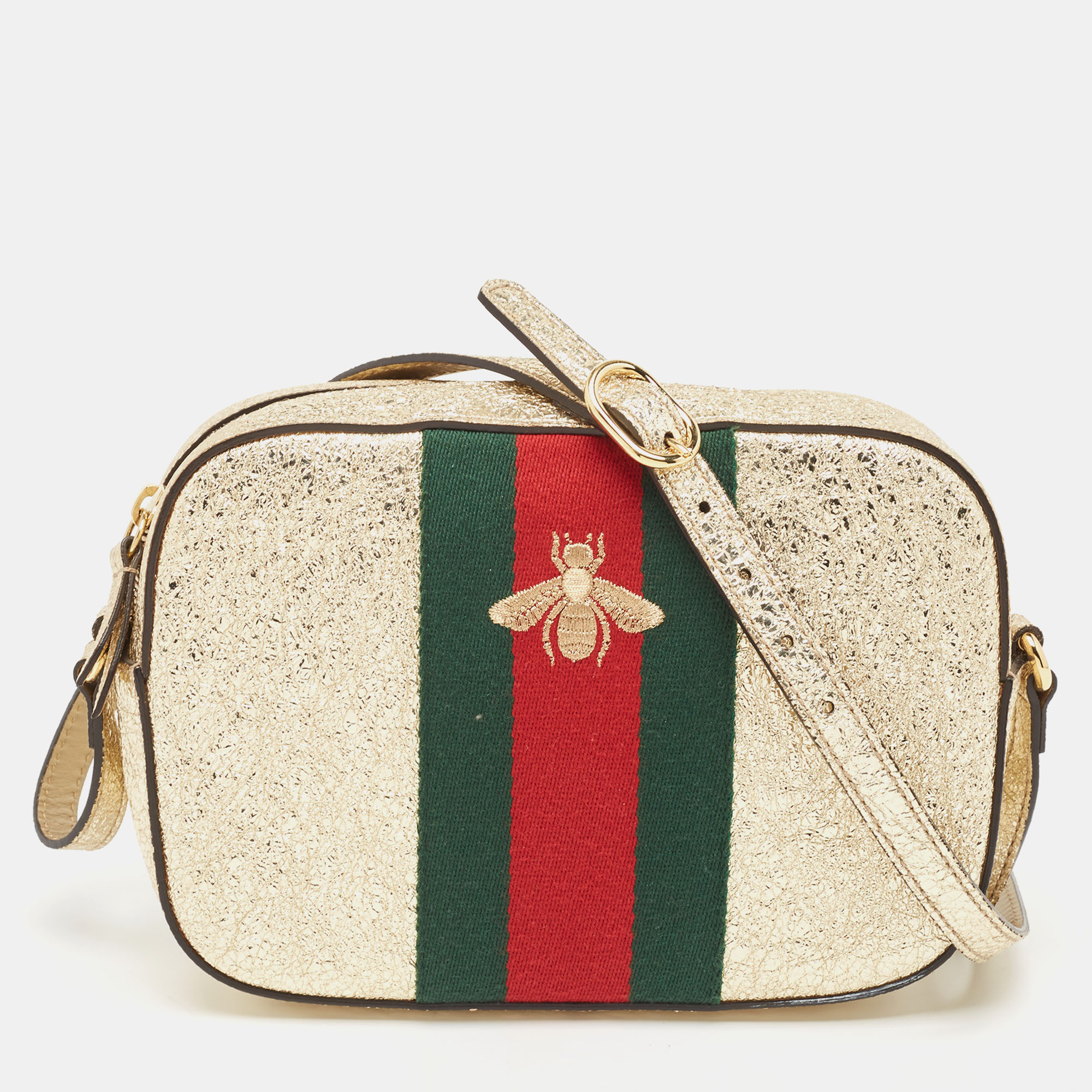 

Gucci Metallic Gold Crinkled Leather Webby Bee Crossbody Bag