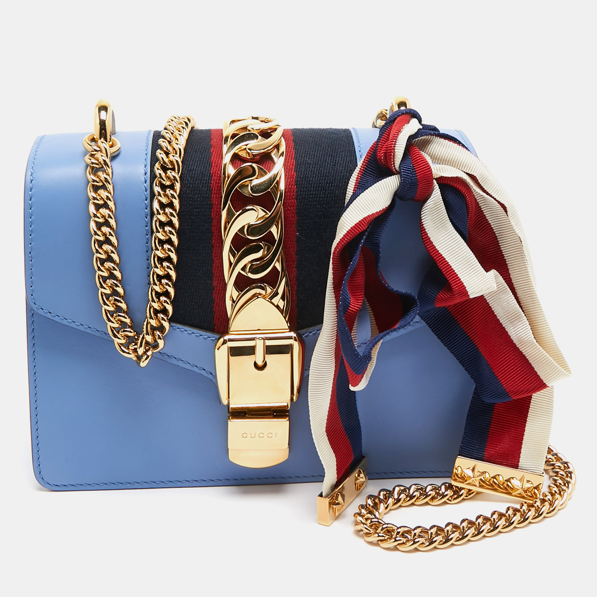 Pre-owned Gucci Light Blue Leather Mini Web Sylvie Chain Shoulder Bag