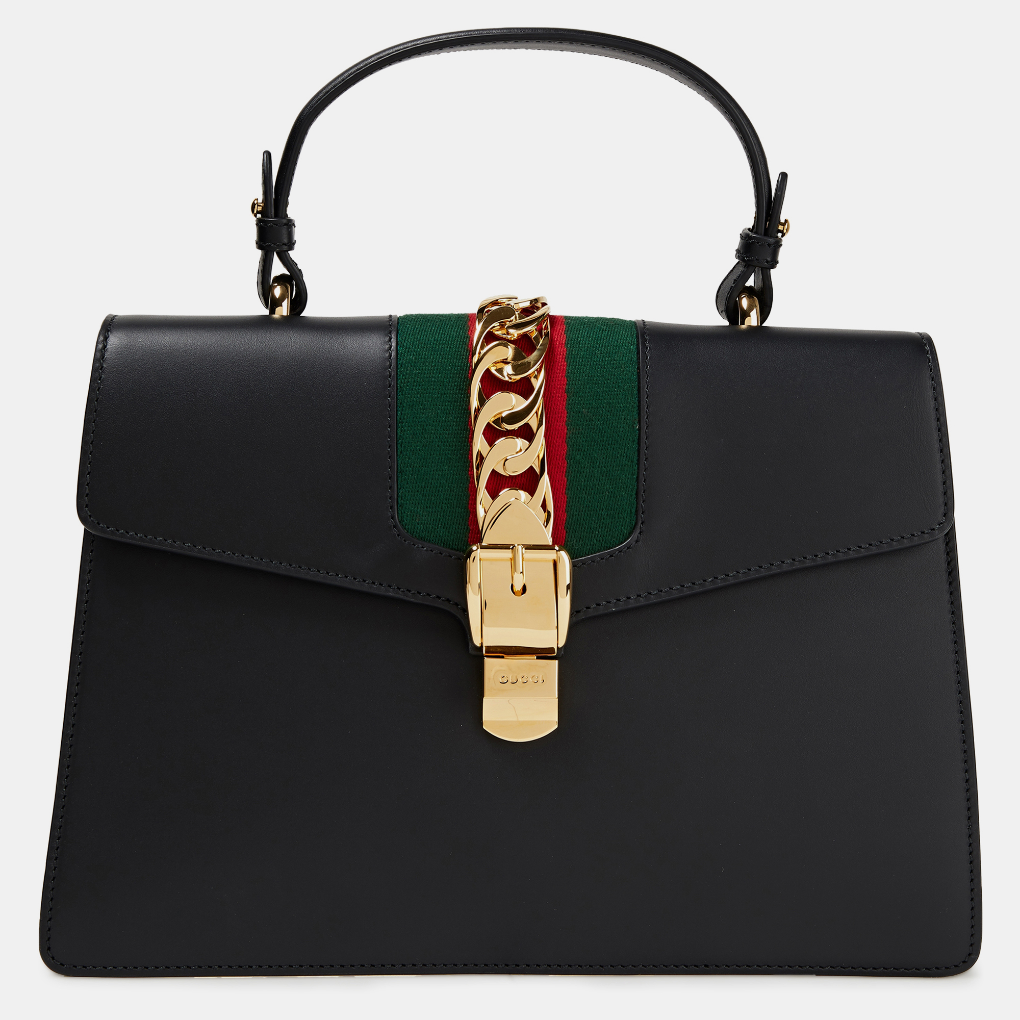 

Gucci Black Leather Mini Web Chain Sylvie Top Handle Bag