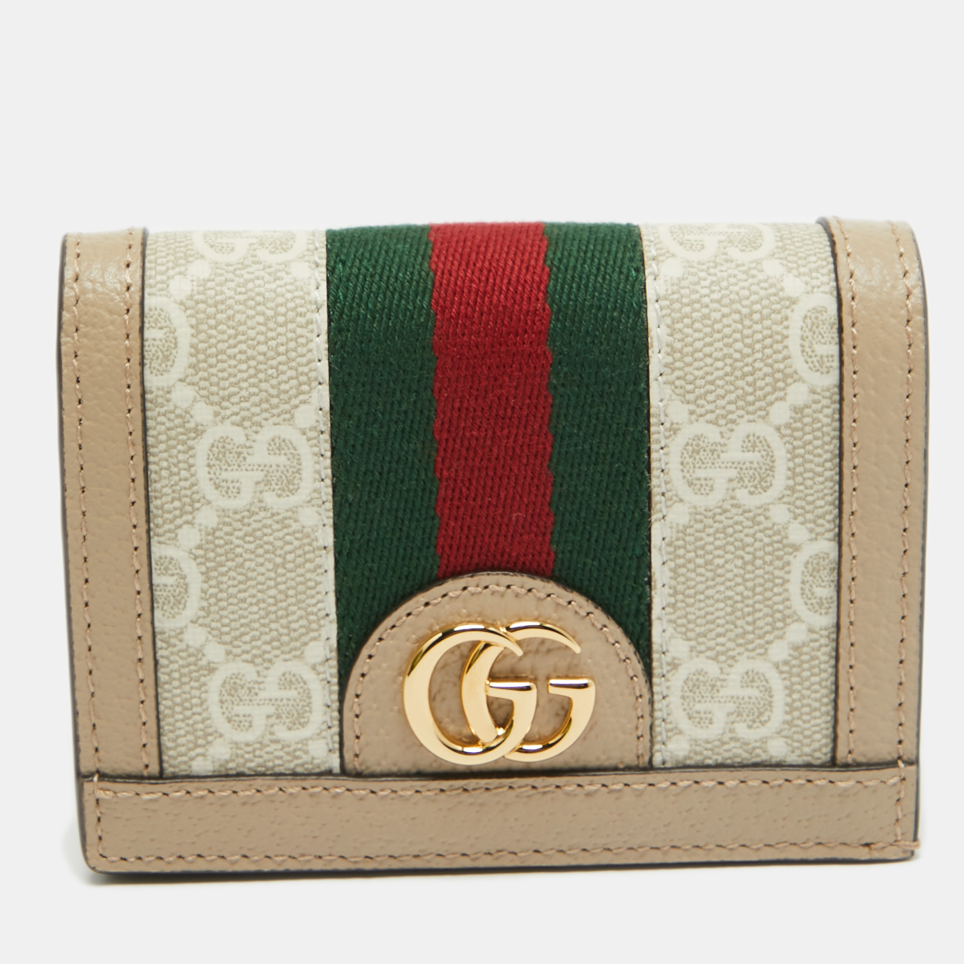 Pre-owned Gucci Beige/off White Gg Supreme Canvas Web Ophidia Card Case Wallet