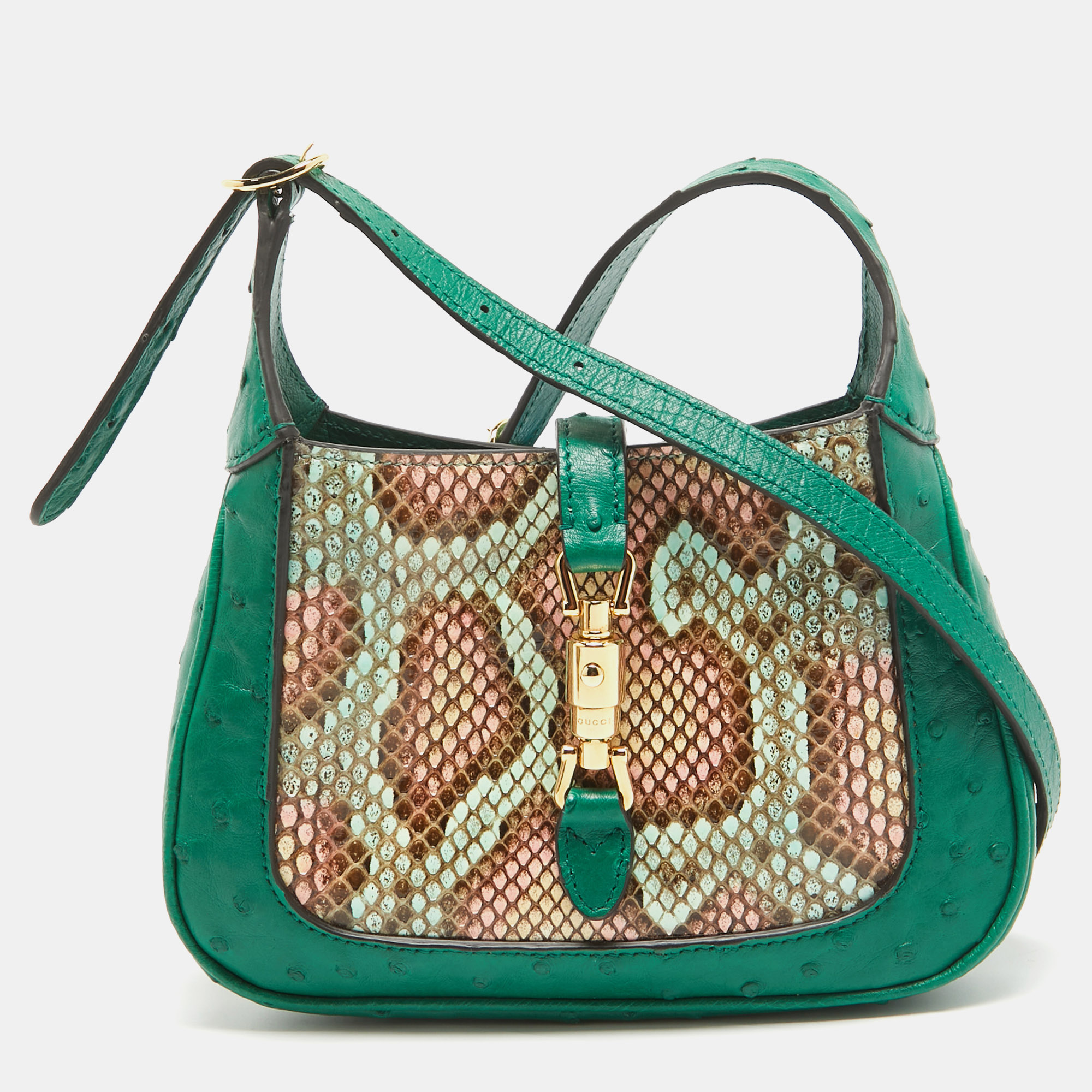 Pre-owned Gucci Green/multicolor Ostrich And Python Mini Jackie 1961 Hobo