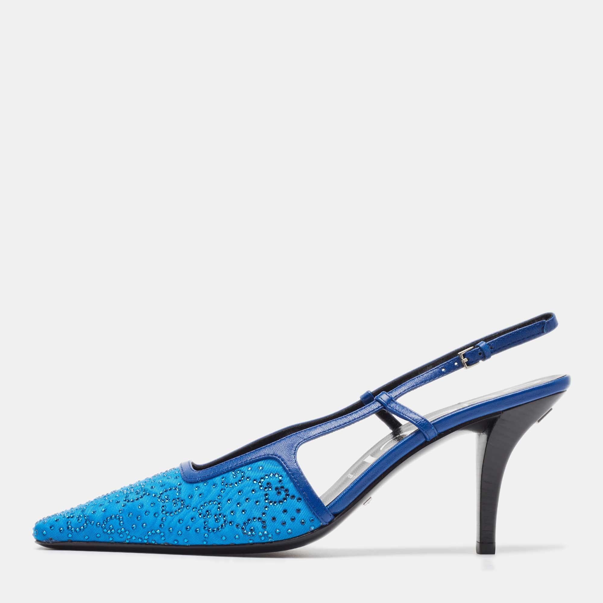 

Gucci Blue GG Fabric and Leather Crystal Embellished Slingback Pumps Size