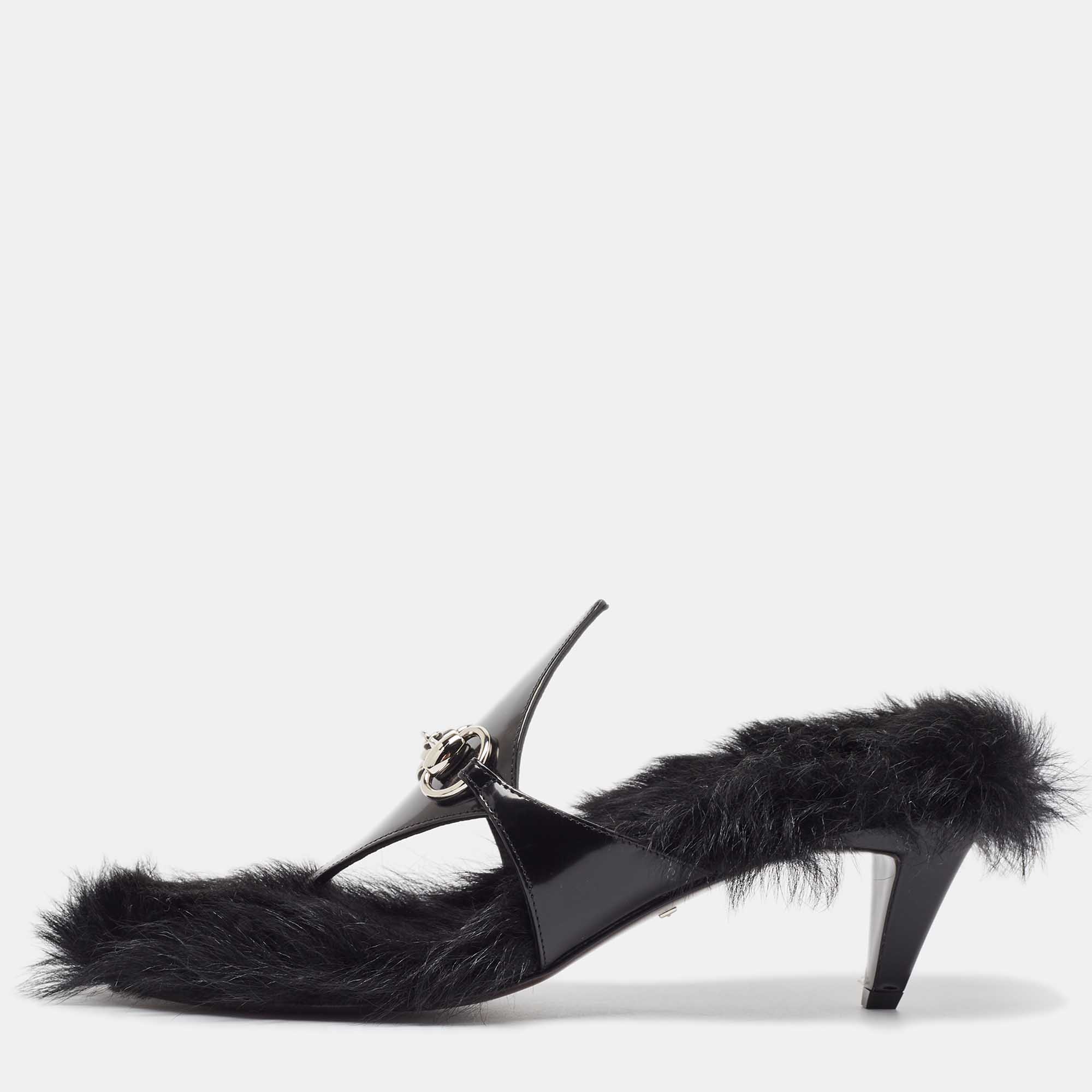 

Gucci Black Leather and Faux Fur Mariame Sandals Size