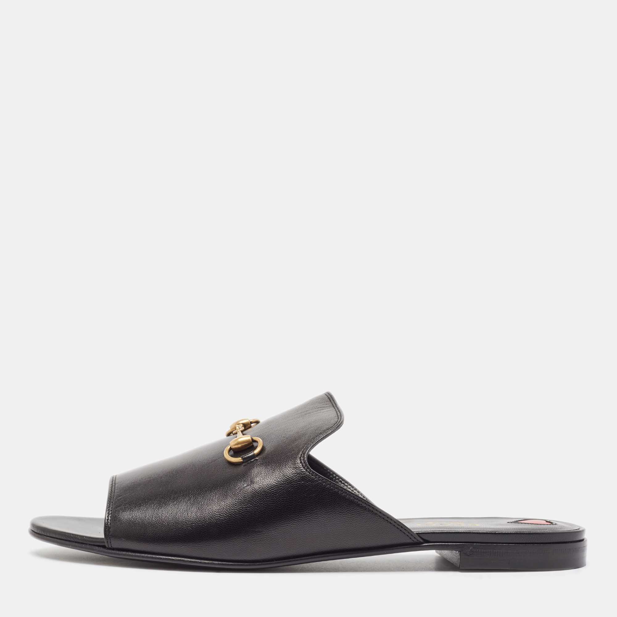 

Gucci Black Leather Malaga Flat Slides Size