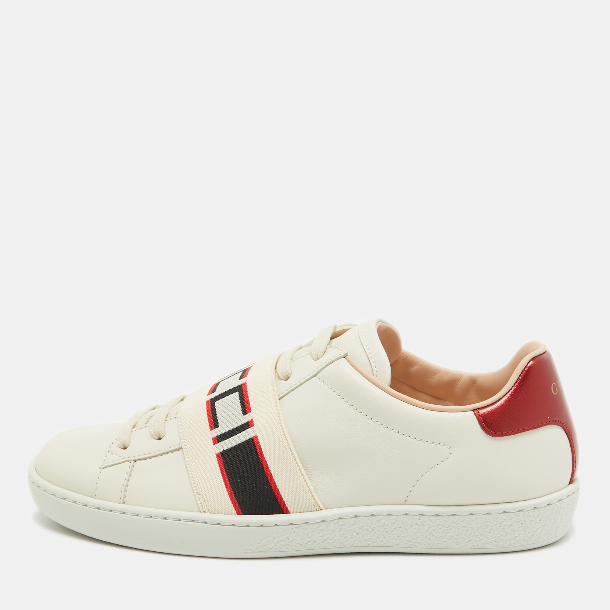 

Gucci Cream Leather Logo Elastic Band Ace Sneakers Size