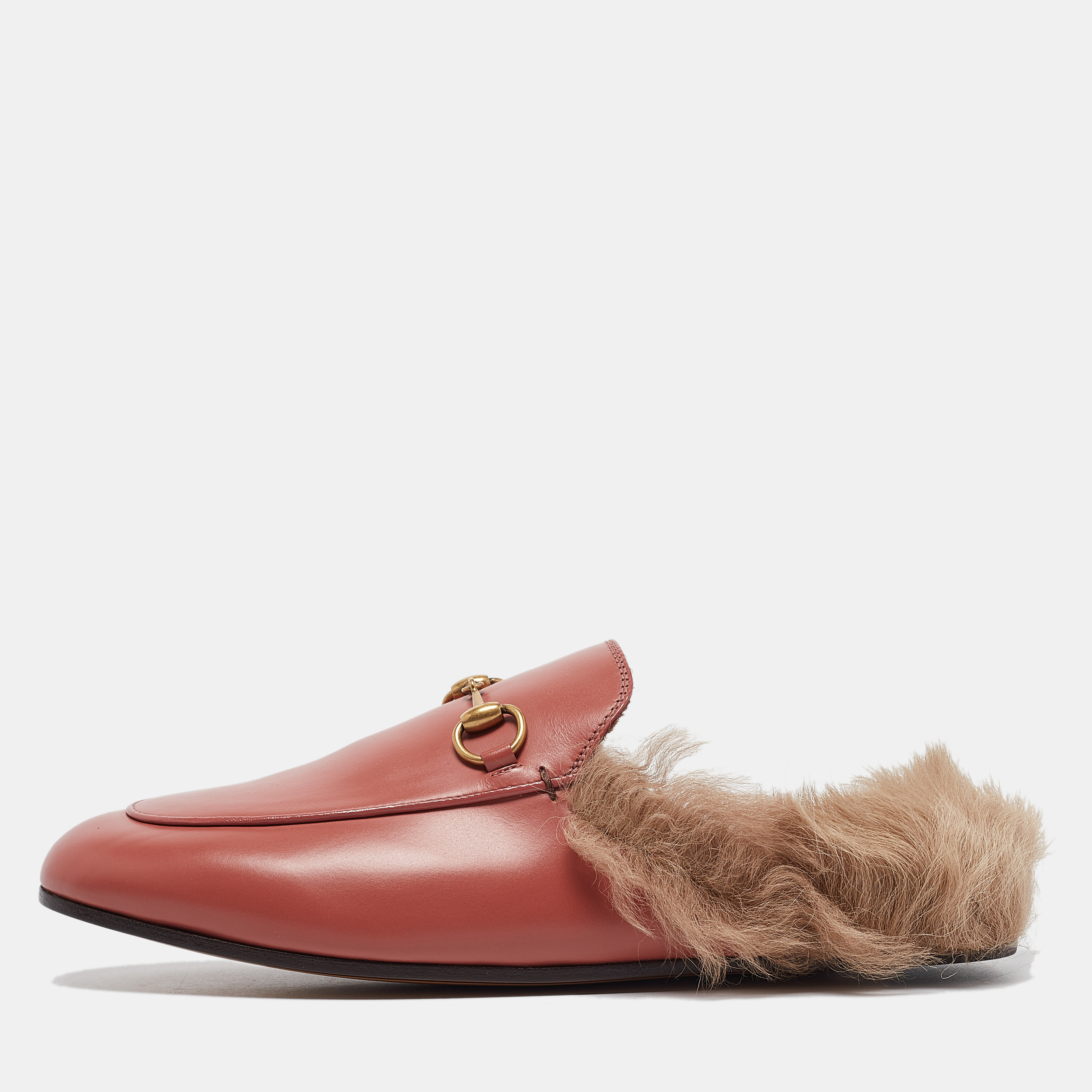 

Gucci Pink Leather Fur Lined Princetown Flat Mules Size