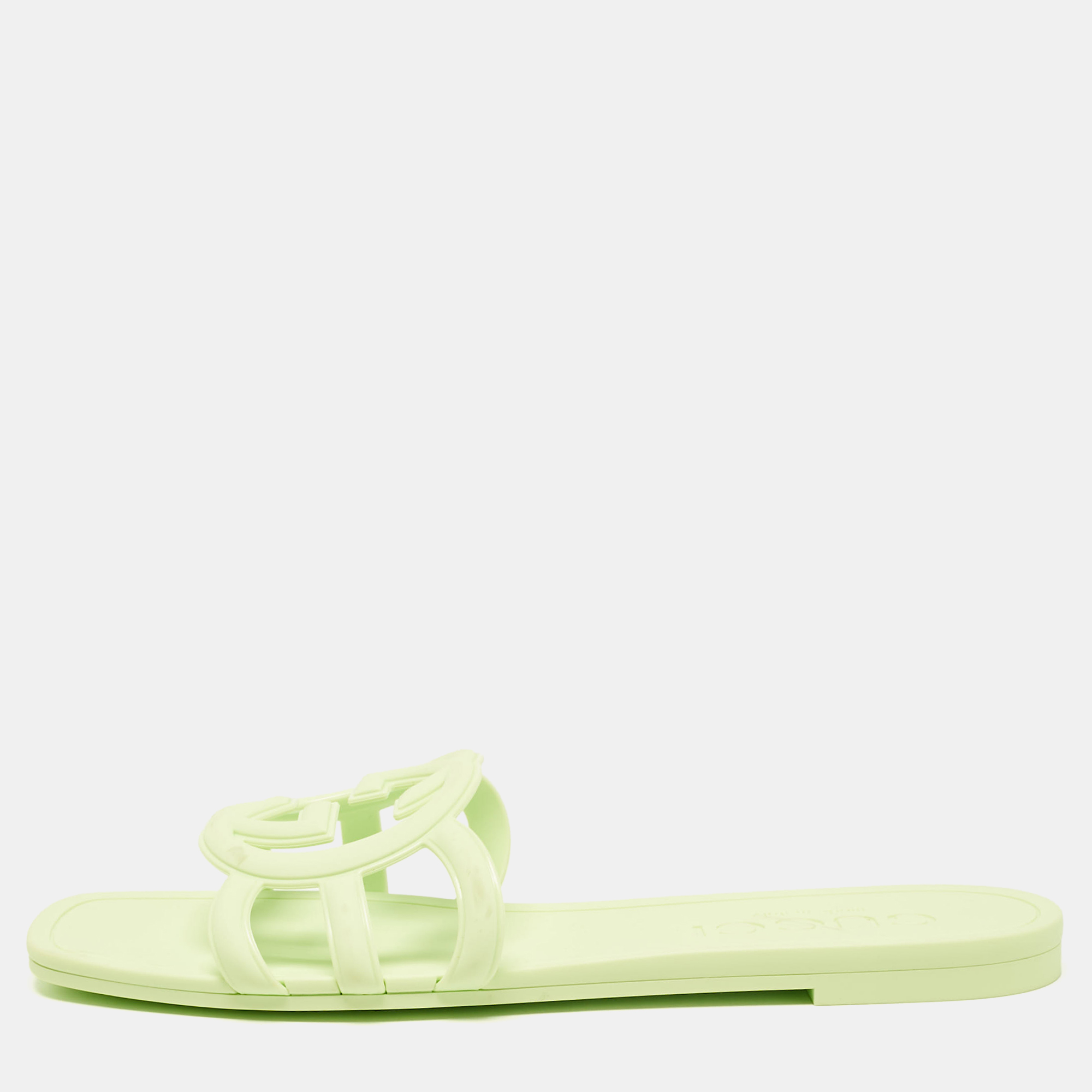 

Gucci Light Green Rubber Interlocking G Flat Slides Size