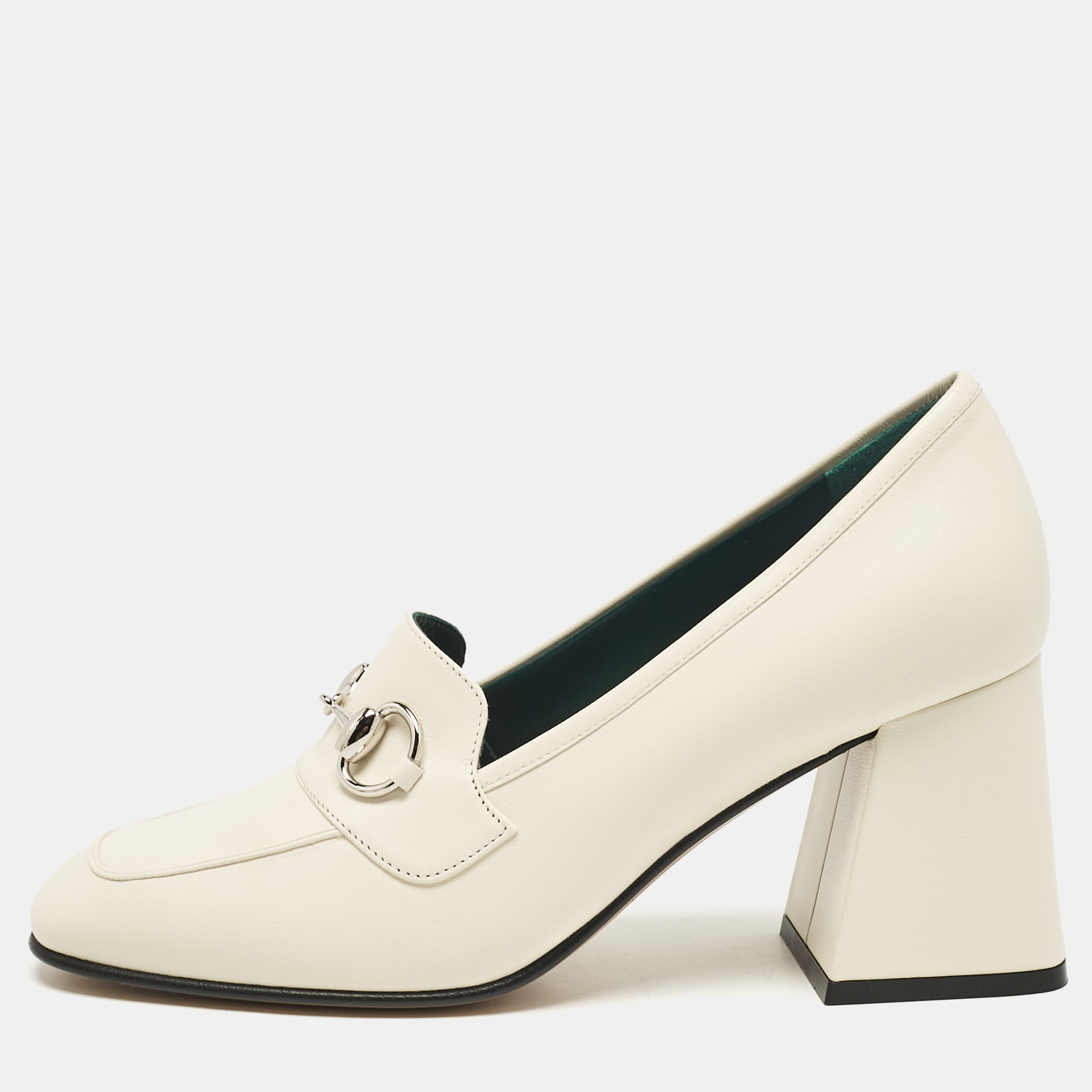 

Gucci White Leather Horsebit Block Heel Pumps Size 38.5