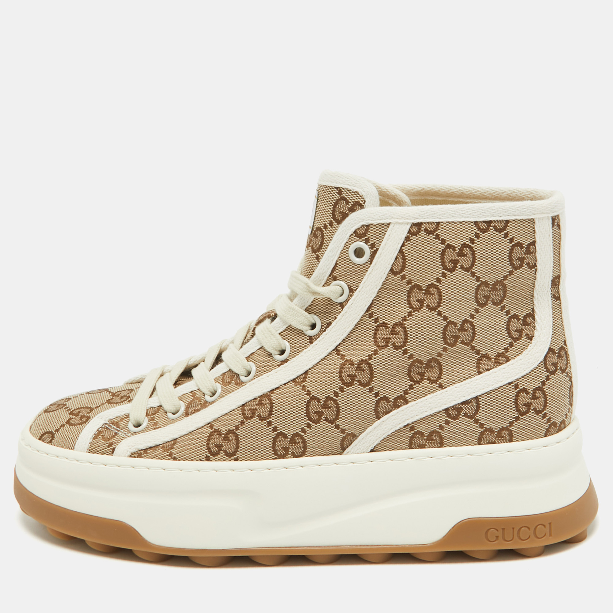 

Gucci Beige GG Canvas Tennis 1977 High Top Sneakers Size