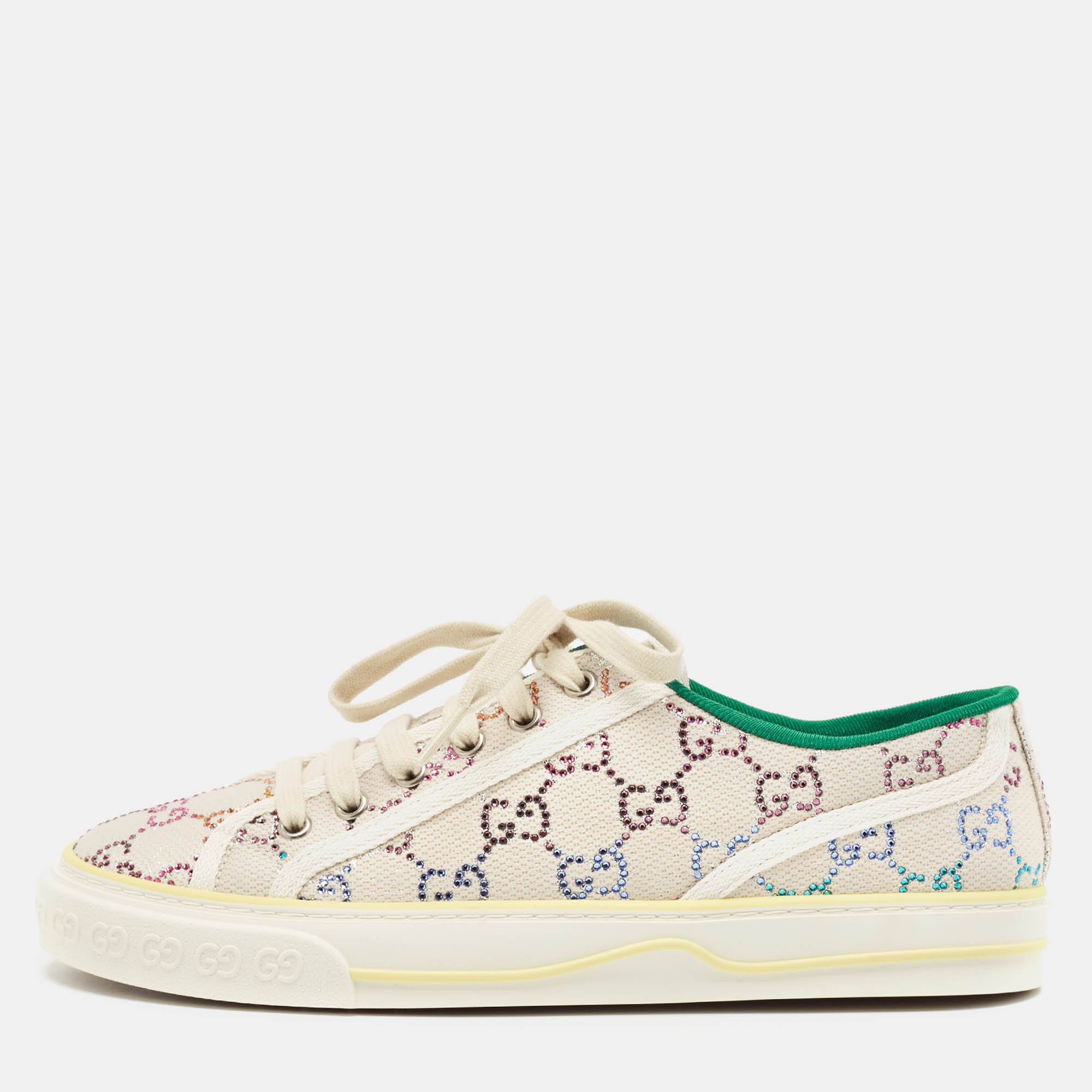 Pre-owned Gucci Multicolor Crystal Gg Canvas Tennis 1977 Sneakers Size 40 In Cream