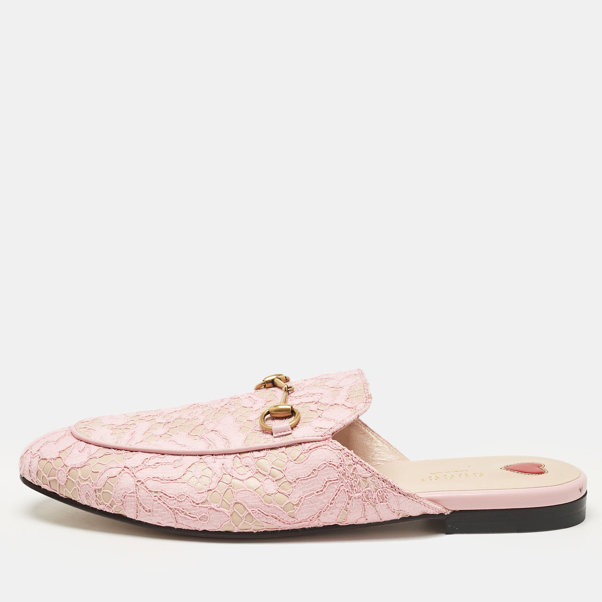 Pre-owned Gucci Pink Lace And Satin Princetown Mules Size 40