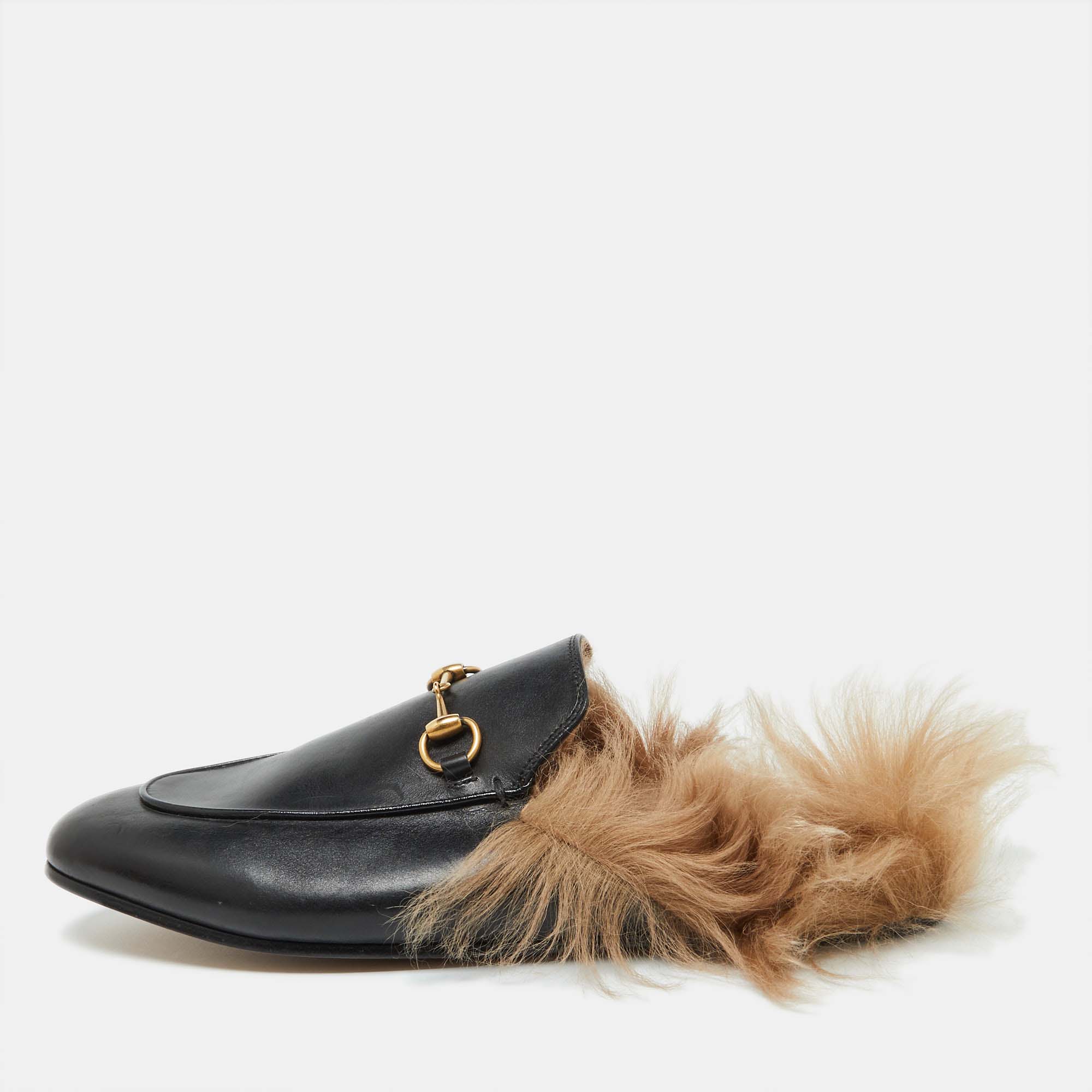 

Gucci Black Leather Fur Princetown Flat Mules Size