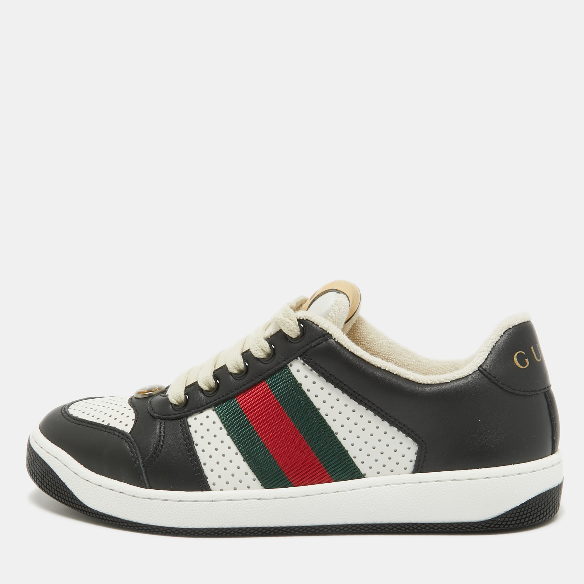 

Gucci Black/White Perforated Leather Screener Sneakers Size