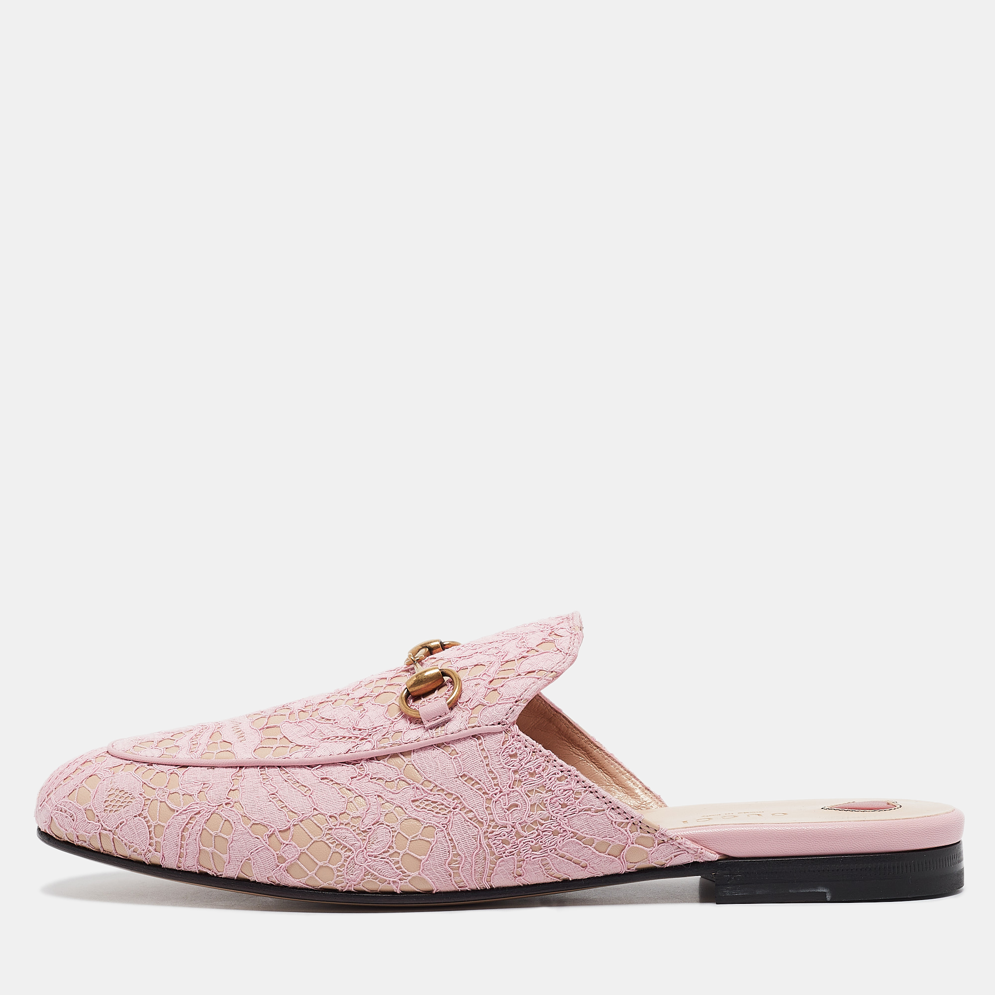 

Gucci Pink/Beige Lace and Leather Princetown Flat Mules Size