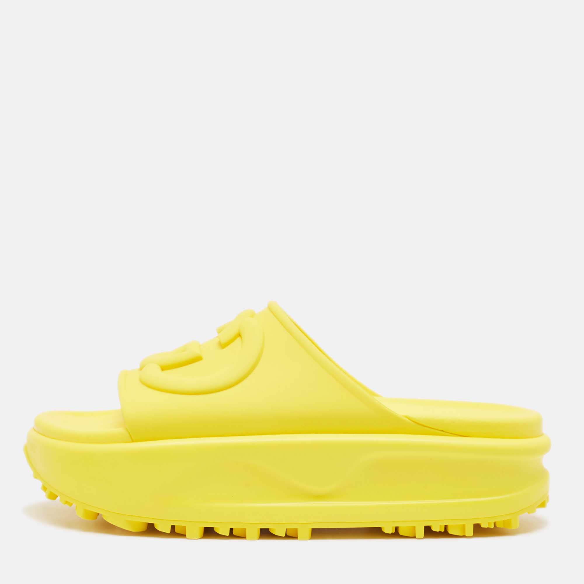 

Gucci Yellow Rubber Interlocking G Slide Sandals Size