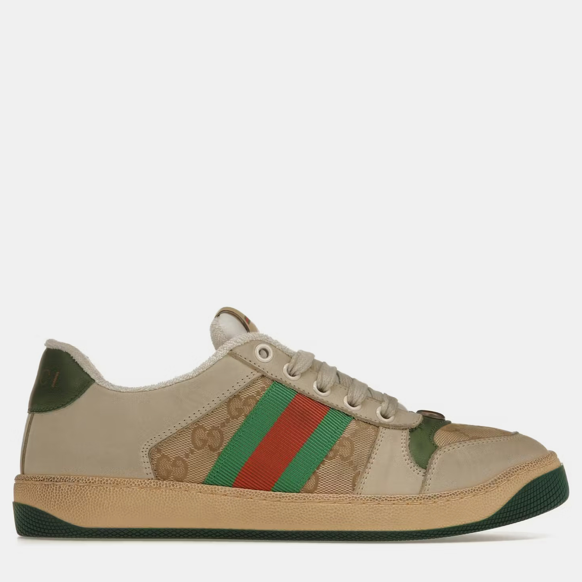 Pre-owned Gucci Butter/green Leather Screener Sneaker Eu 38 In Brown