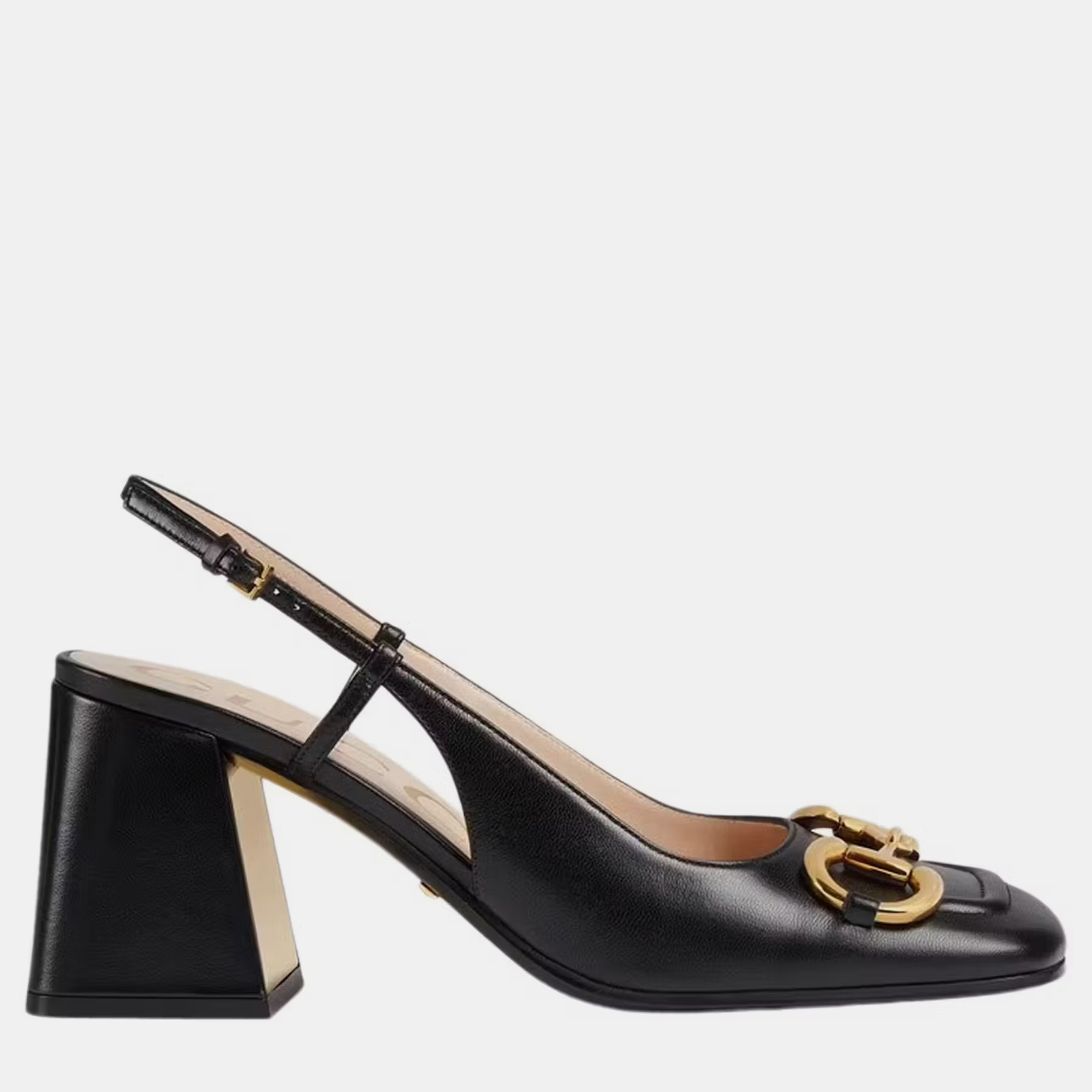 

Gucci Black Leather Horsebit Block Slingback Pumps EU