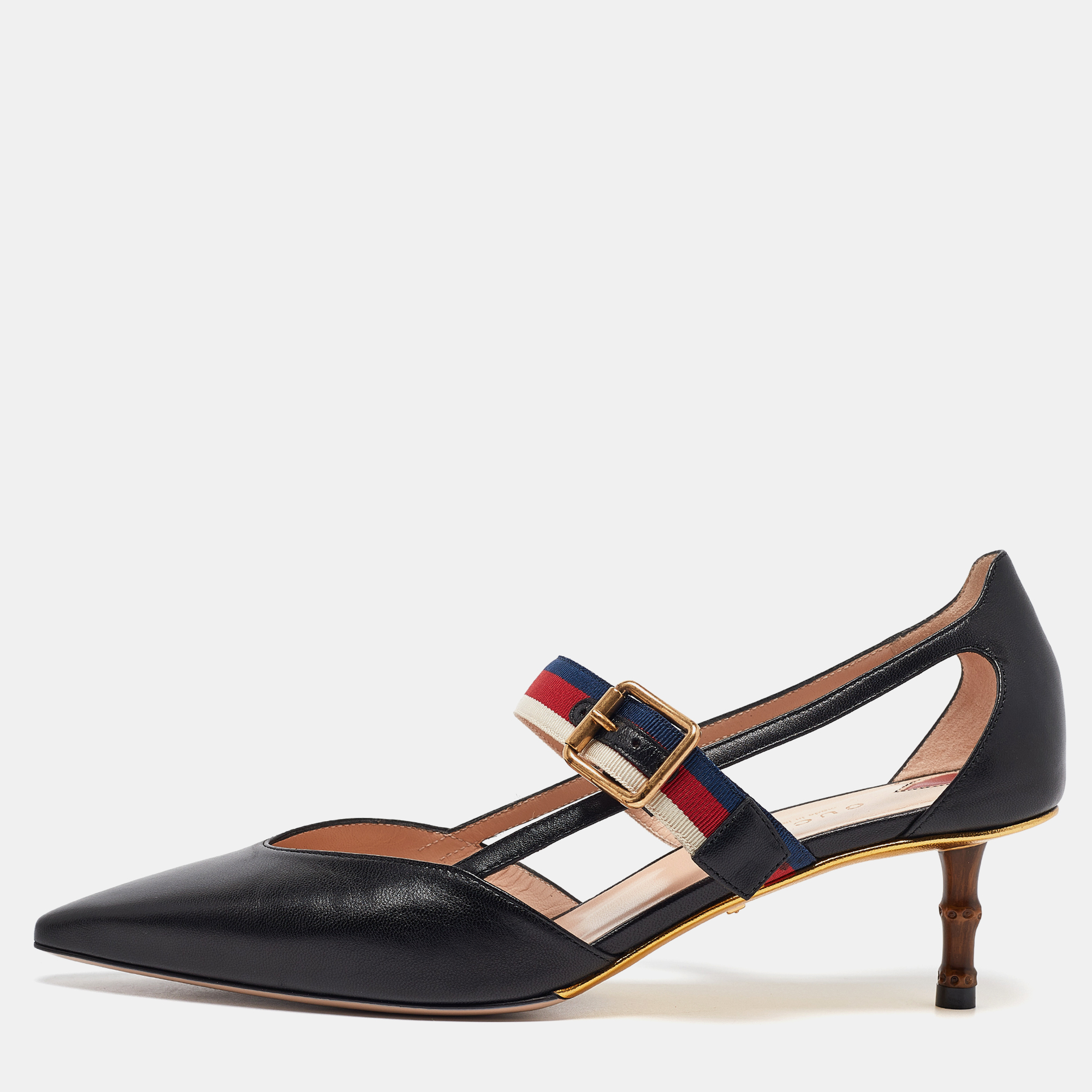 

Gucci Black Leather Sylvie Web Strap Bamboo Heel Pumps Size