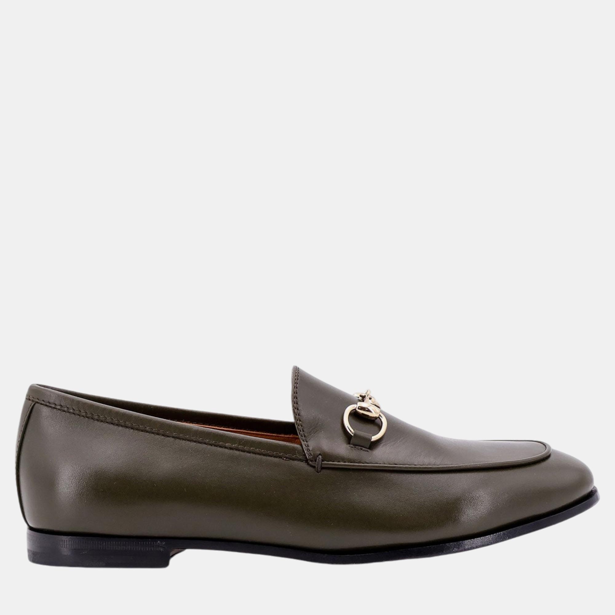 

Gucci Green Leather Jordaan Loafers EU